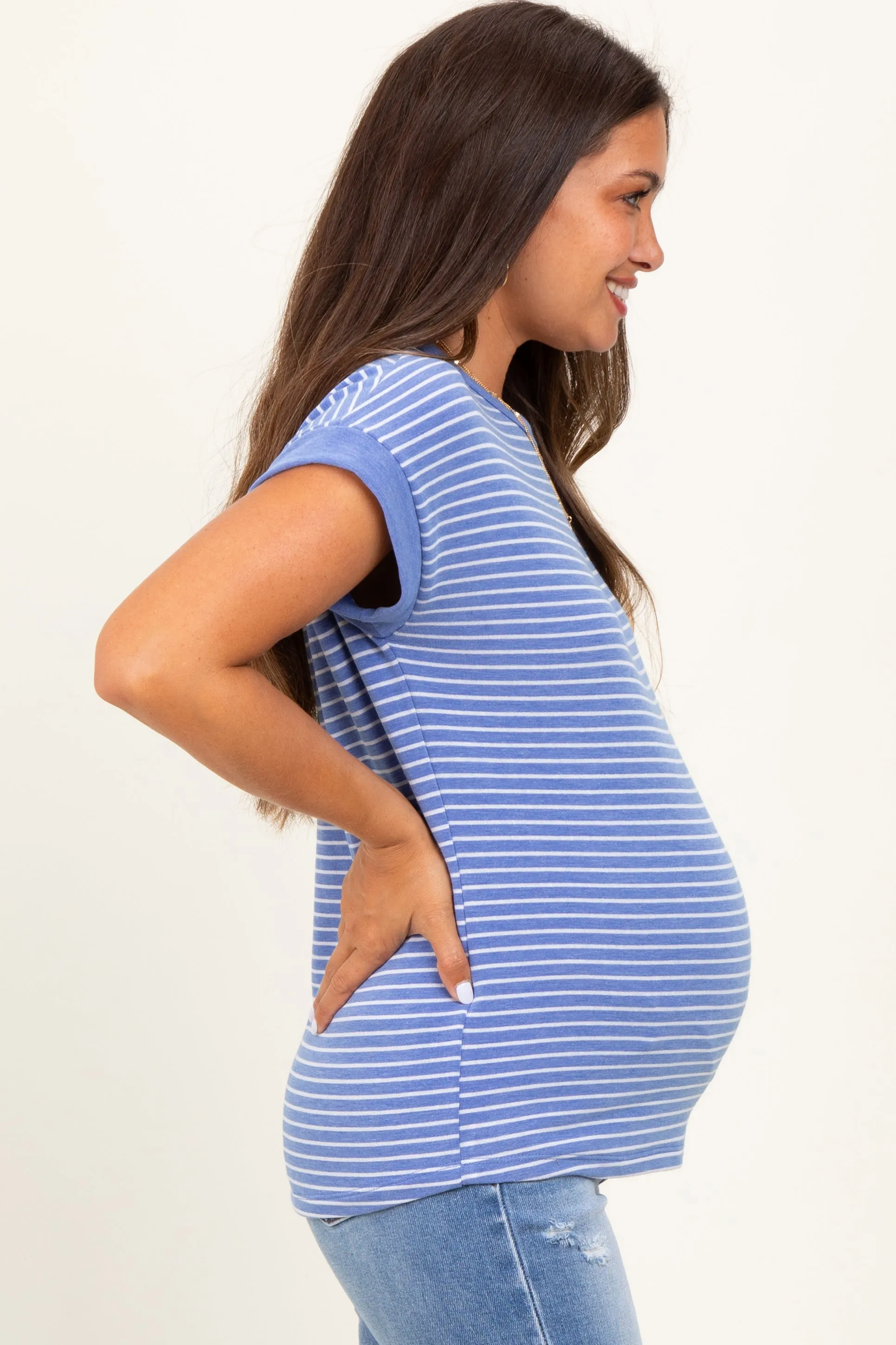 Blue Striped Terry Maternity Short Sleeve Top sold by Pinkblush product image thumbnail 2