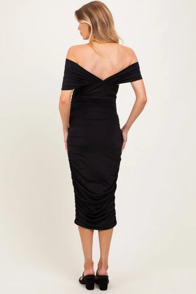 Black Knotted Off Shoulder Ruched Maternity Midi Dress sold by Pinkblush product image thumbnail 3