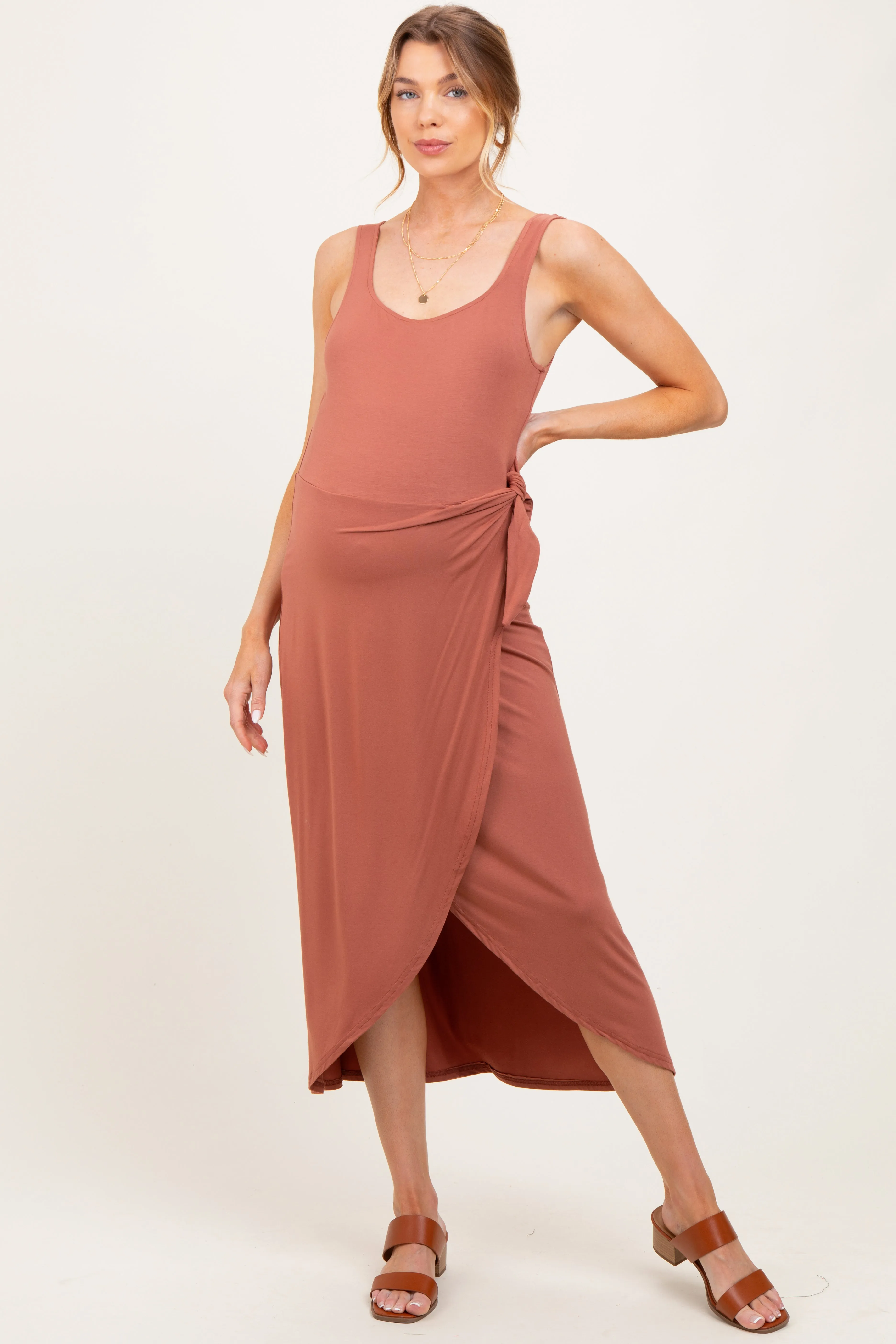 Light Rust Sleeveless Wrap Waist Maternity Midi Dress sold by Pinkblush