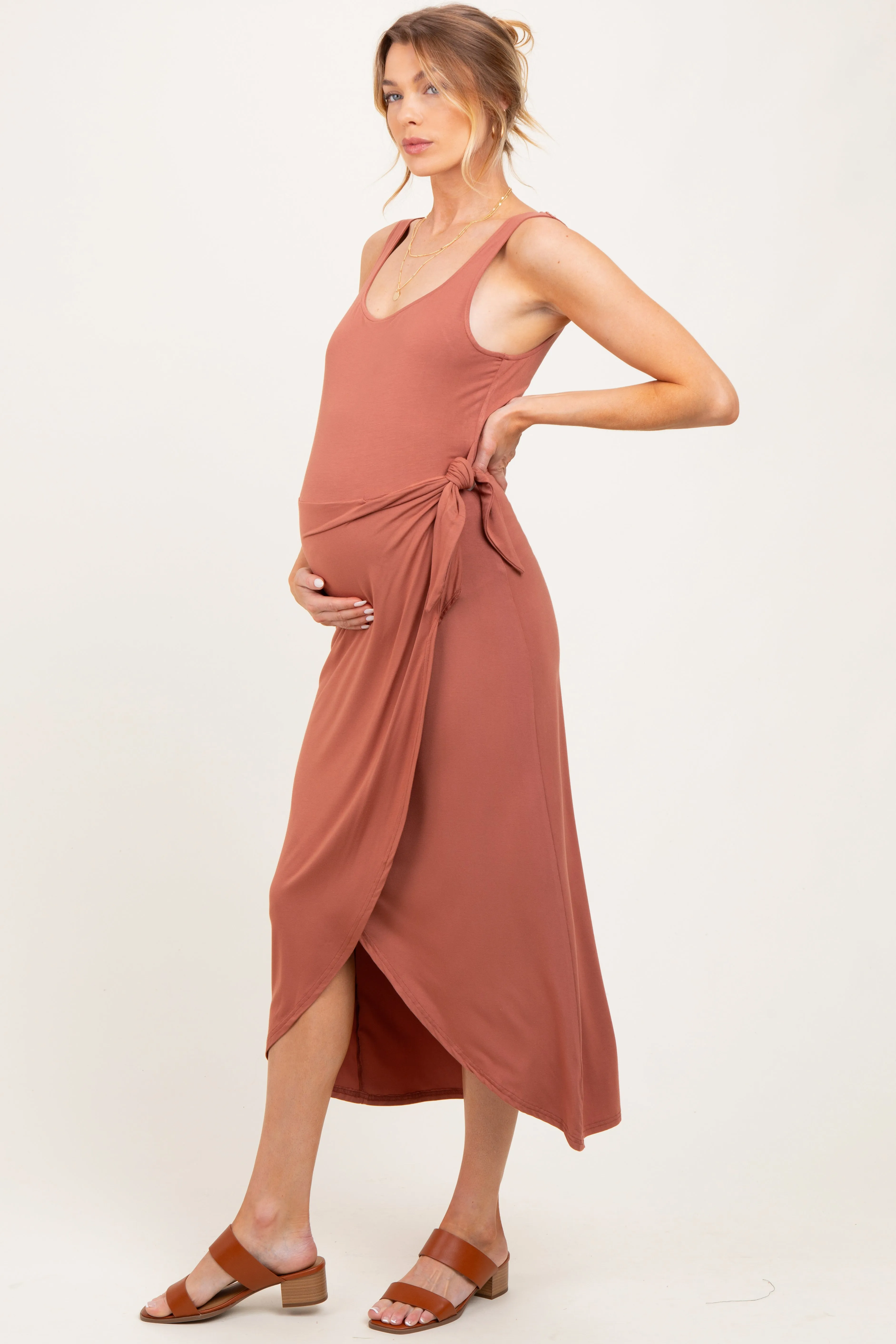 Light Rust Sleeveless Wrap Waist Maternity Midi Dress sold by Pinkblush product image thumbnail 2