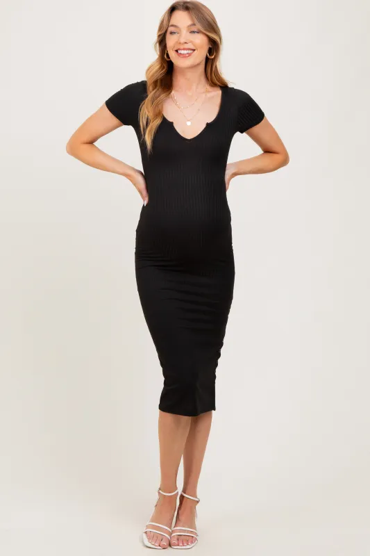 Black Short Sleeve Side Button Ribbed Maternity Midi Dress sold by Pinkblush