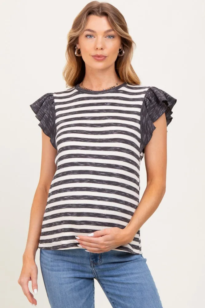 Charcoal Ribbed Striped Flutter Sleeve Maternity Top sold by Pinkblush