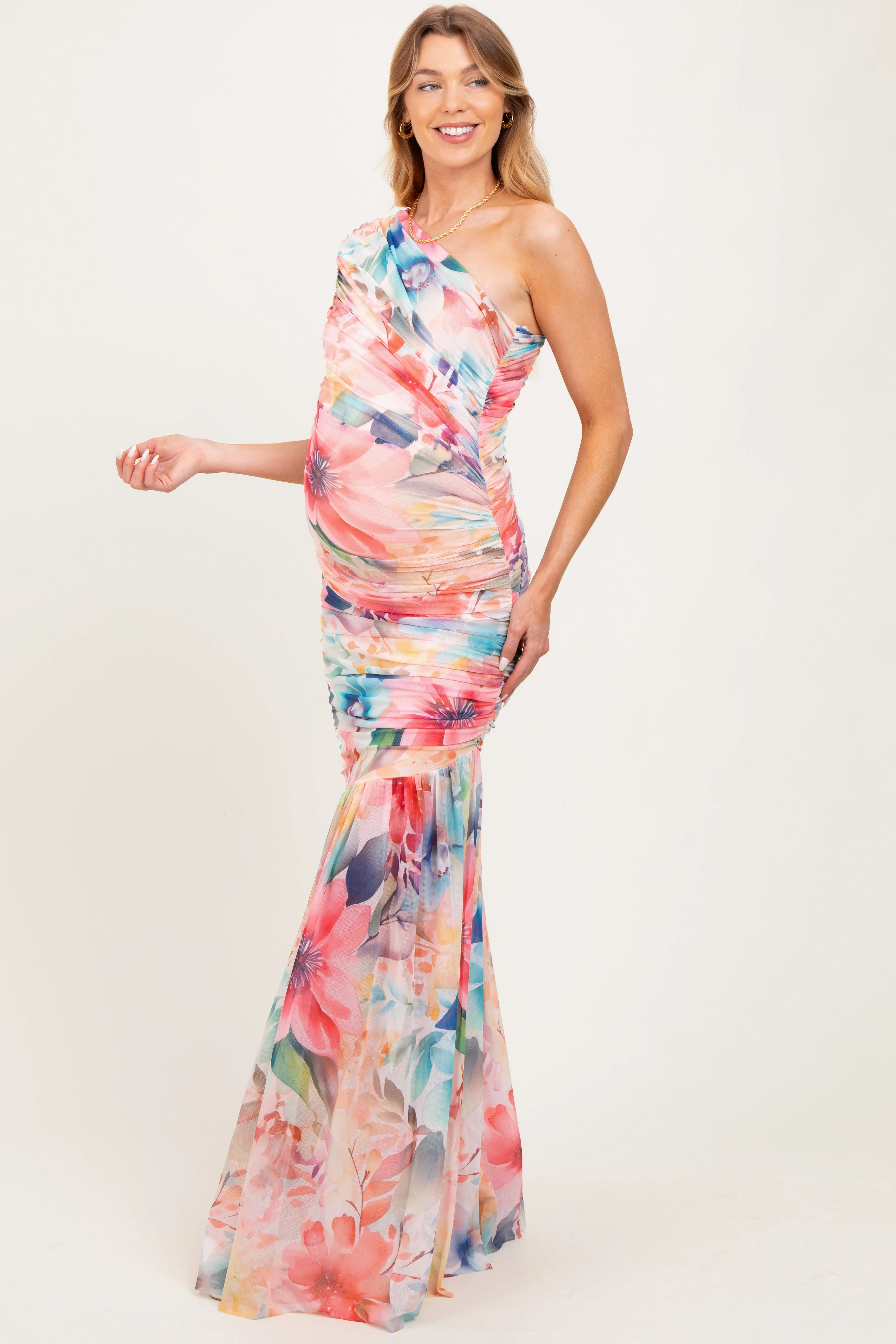 Multicolor Floral Ruched Mesh One Shoulder Maternity Maxi Dress sold by Pinkblush product image thumbnail 3