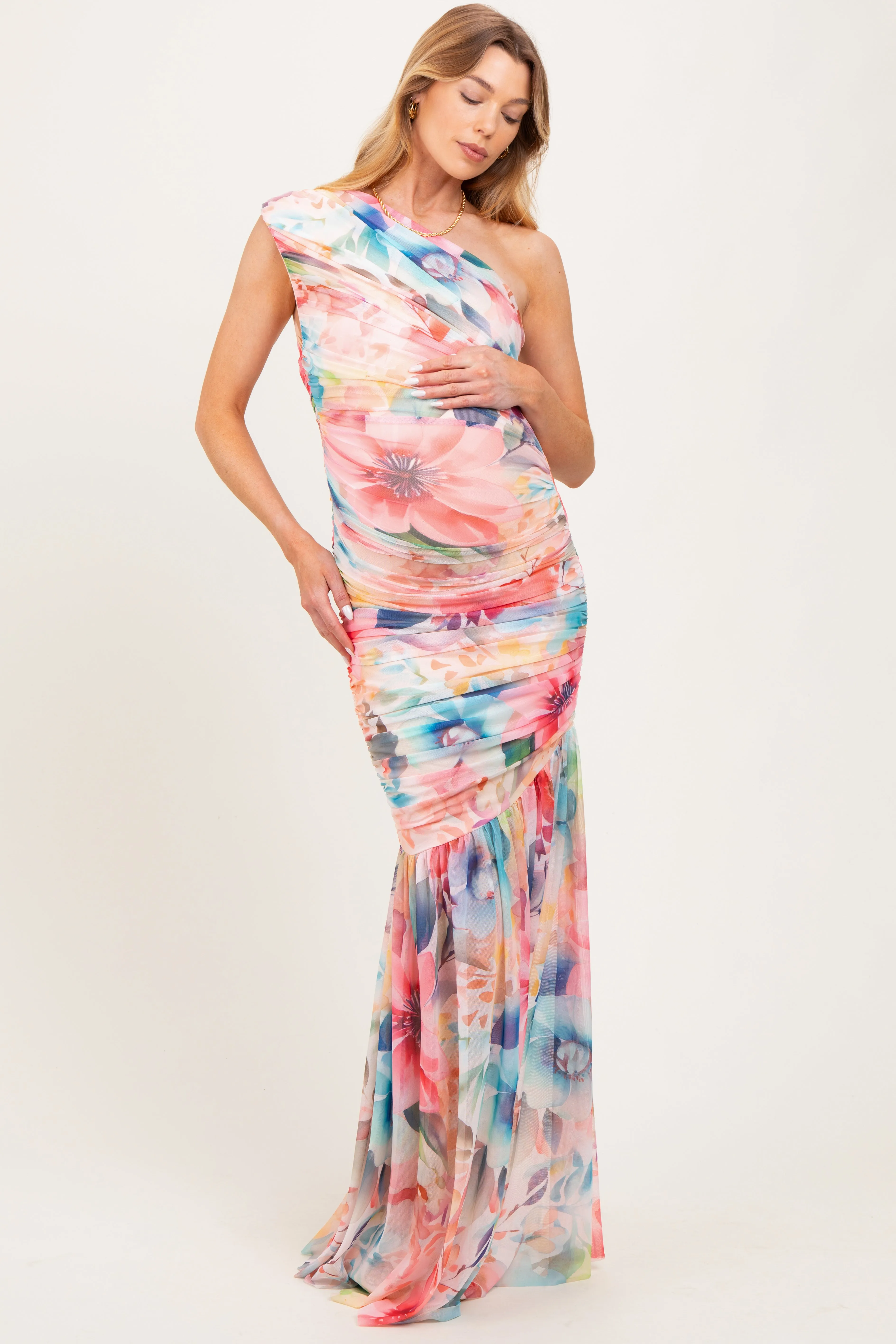 Multicolor Floral Ruched Mesh One Shoulder Maternity Maxi Dress sold by Pinkblush