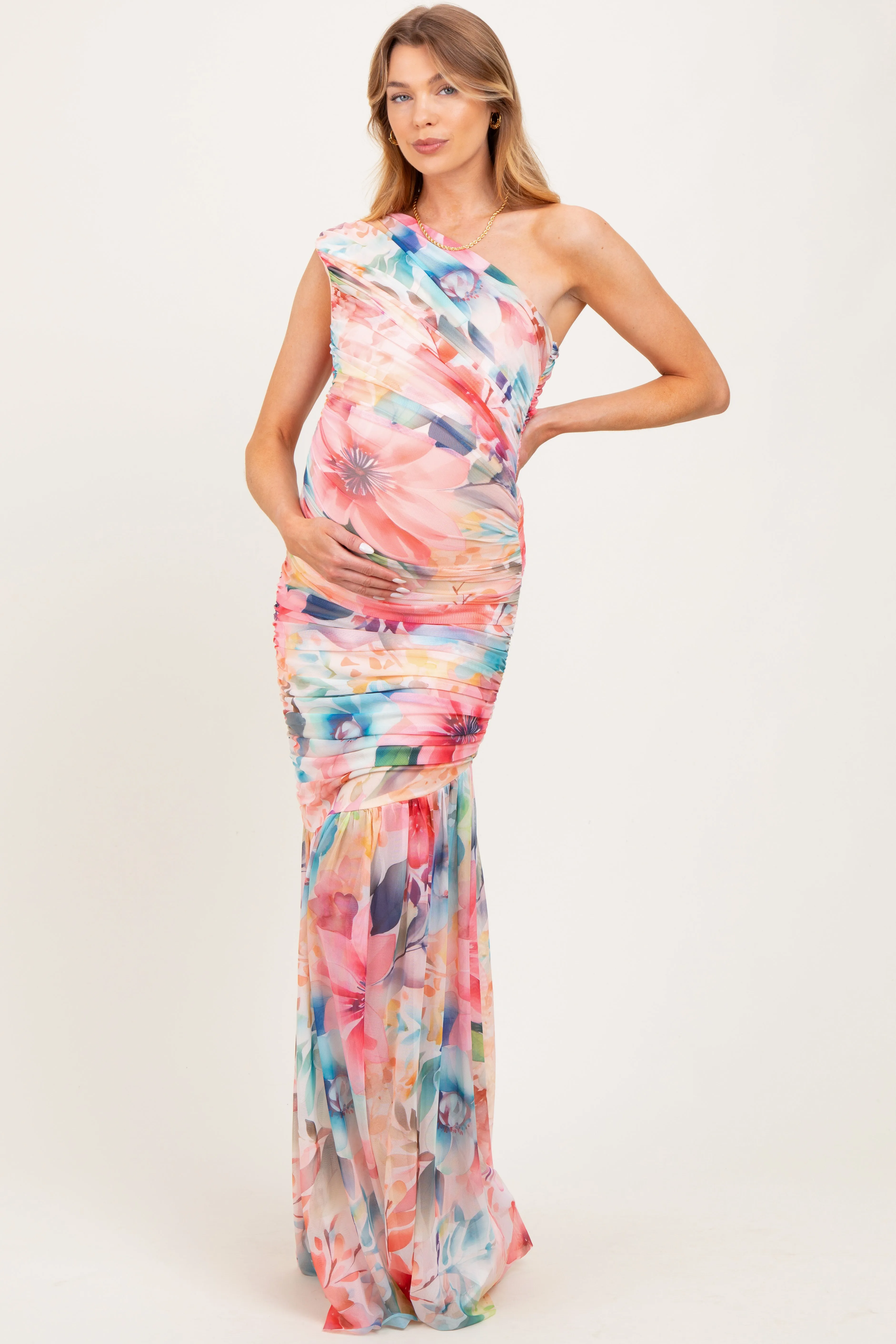 Multicolor Floral Ruched Mesh One Shoulder Maternity Maxi Dress sold by Pinkblush product image thumbnail 2