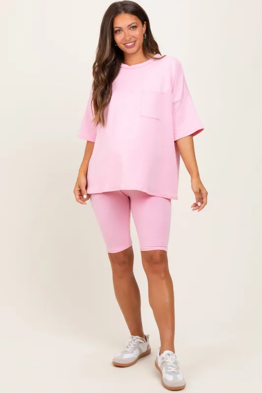 Light Pink Oversized Short Sleeve Biker Short Maternity Set sold by Pinkblush