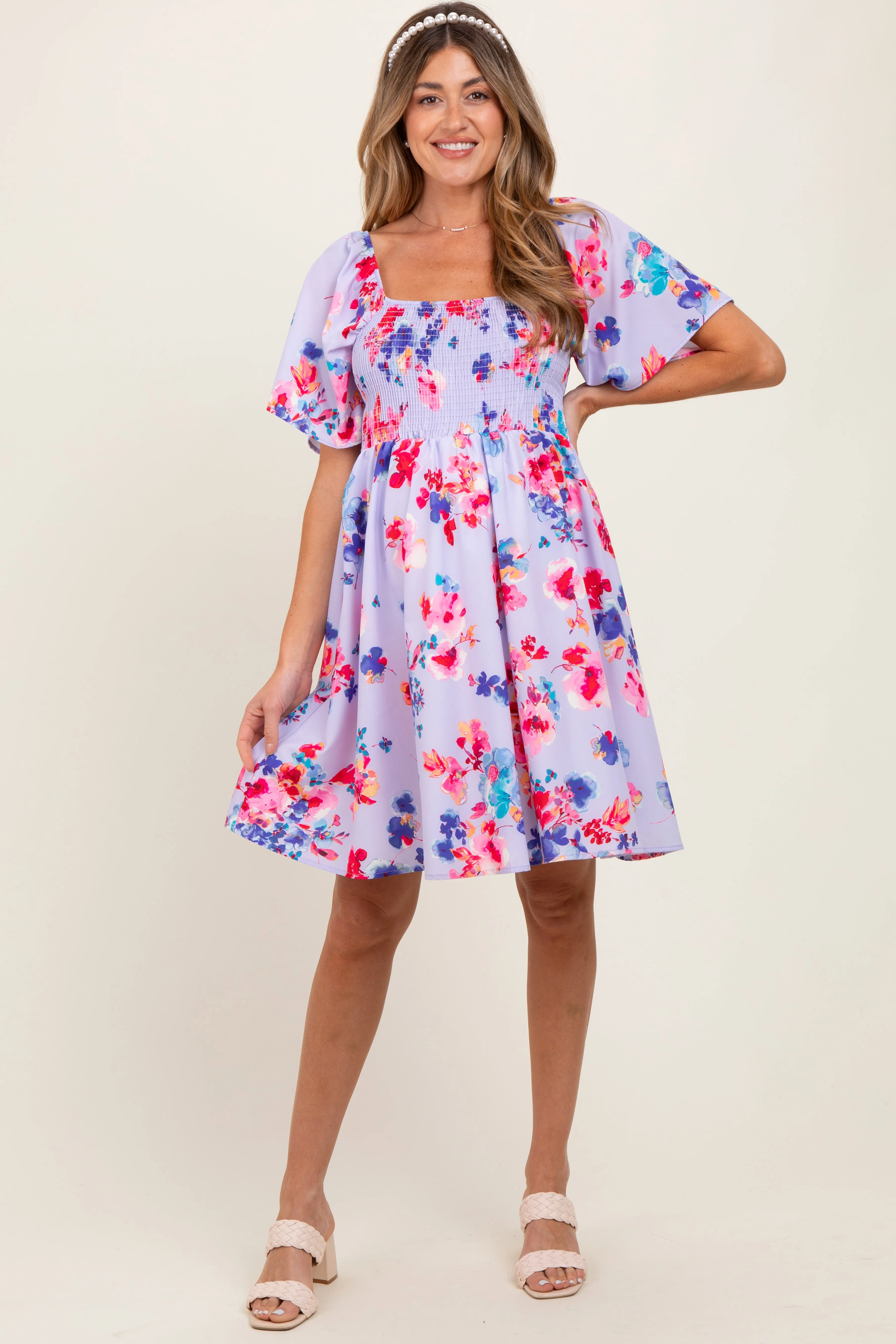 Lavender/Red Floral Smocked Top Maternity Mini Dress sold by Pinkblush