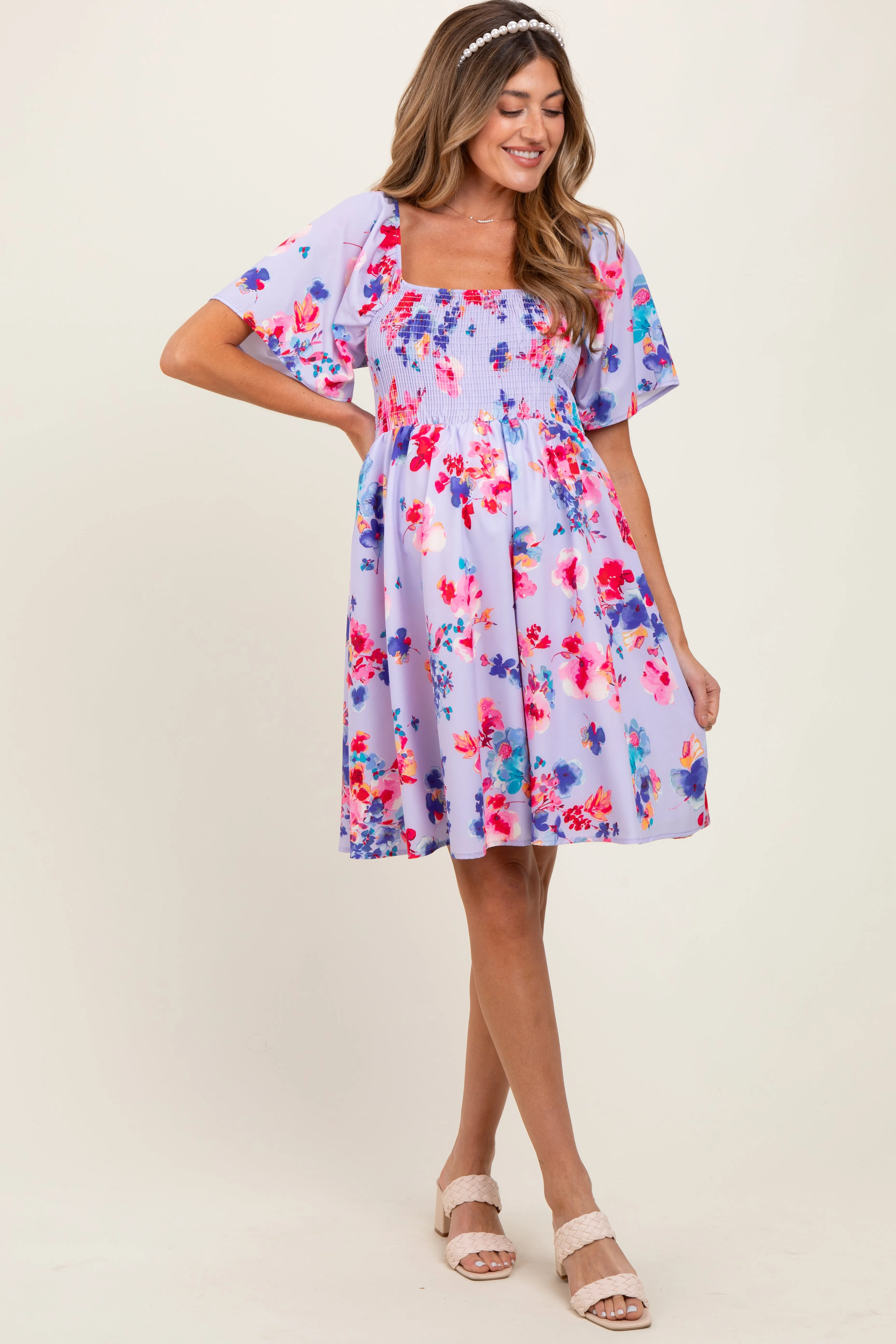 Lavender/Red Floral Smocked Top Maternity Mini Dress sold by Pinkblush product image thumbnail 2