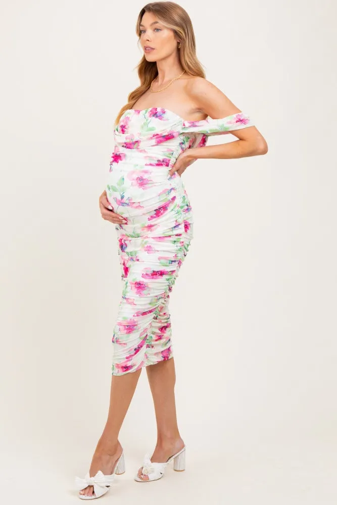 Fuchsia Floral Off Shoulder Ruched Mesh Maternity Midi Dress sold by Pinkblush product image thumbnail 2