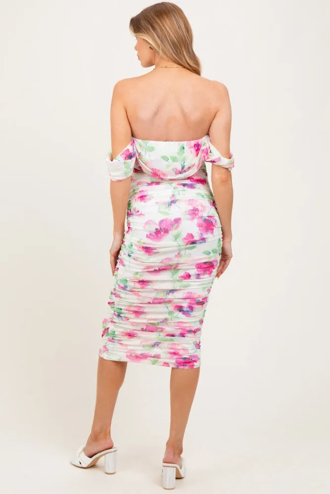 Fuchsia Floral Off Shoulder Ruched Mesh Maternity Midi Dress sold by Pinkblush product image thumbnail 3