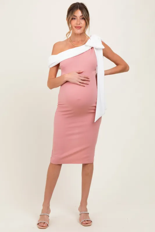 Mauve Coloblock One Shoulder Draped Maternity Midi Dress sold by Pinkblush