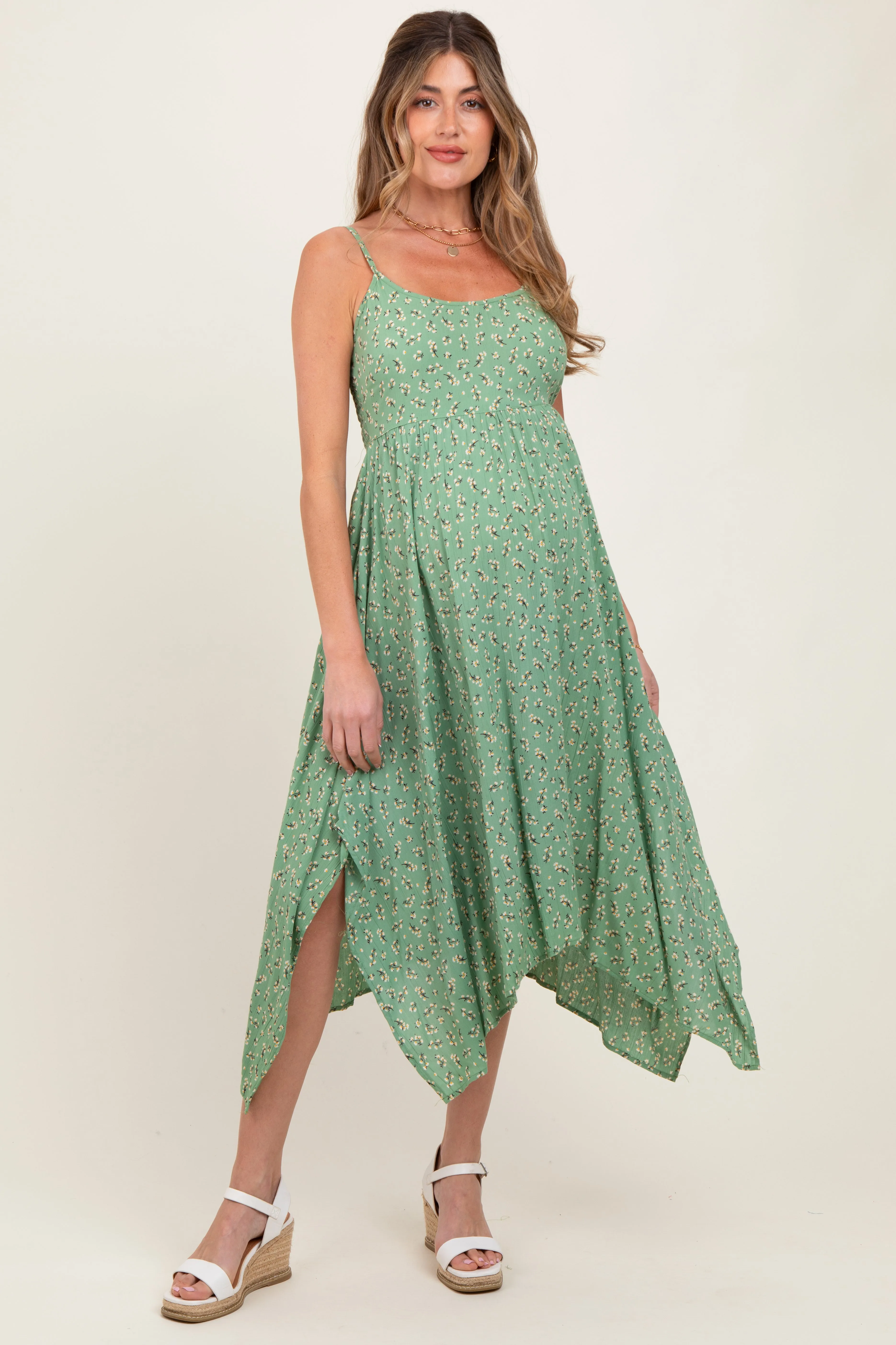Light Olive Floral Handkerchief Hem Maternity Midi Dress sold by Pinkblush product image thumbnail 2