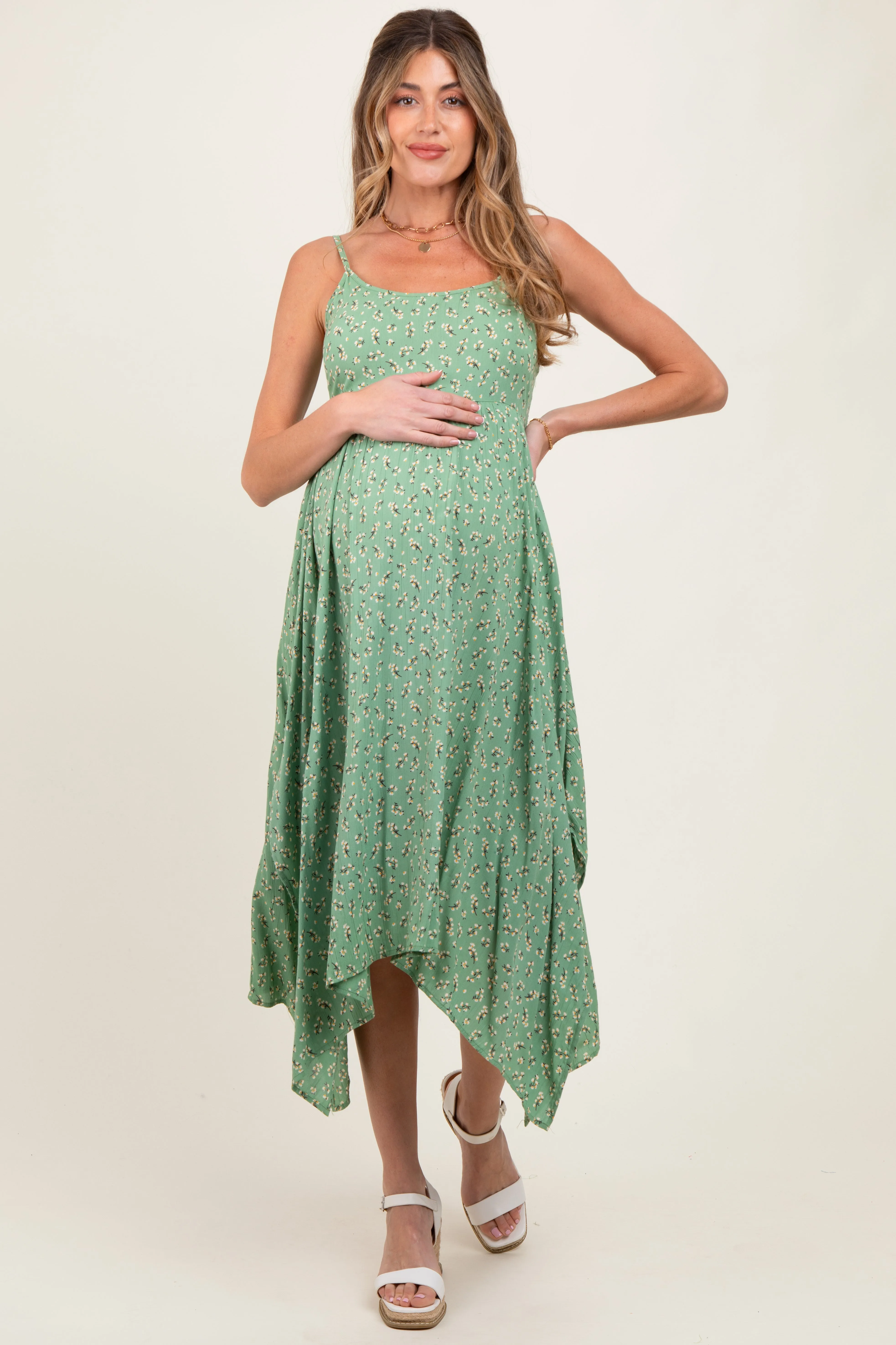 Light Olive Floral Handkerchief Hem Maternity Midi Dress sold by Pinkblush