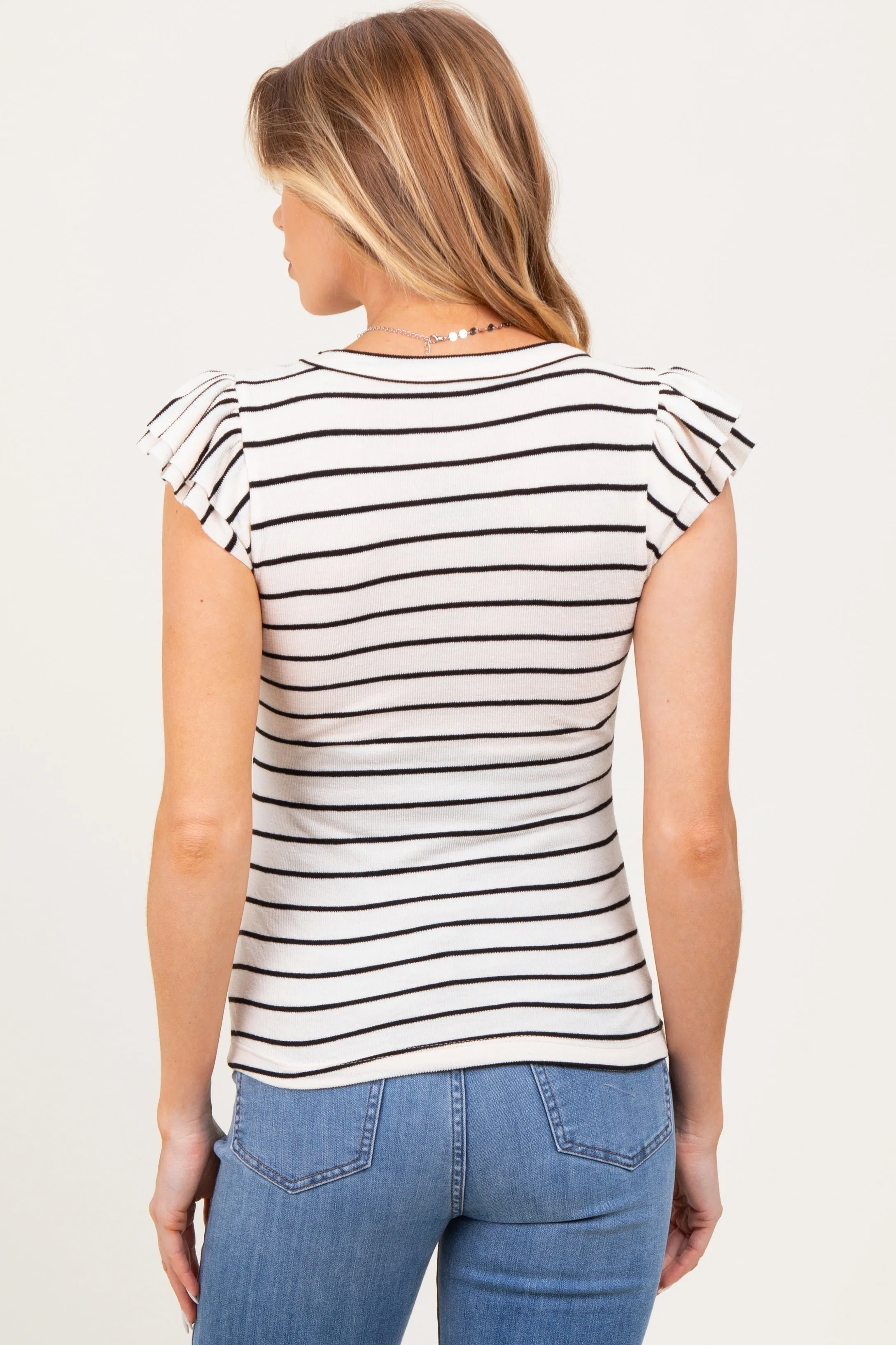 Ivory/Black Stripe Ribbed Ruffle Sleeve V-Neck Maternity Top sold by Pinkblush product image thumbnail 2
