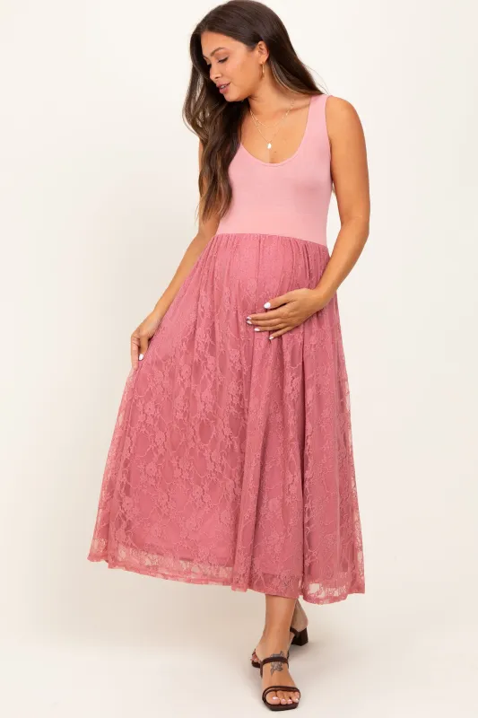 Mauve Solid Tank Top Lace Skirt Maternity Midi Dress sold by Pinkblush
