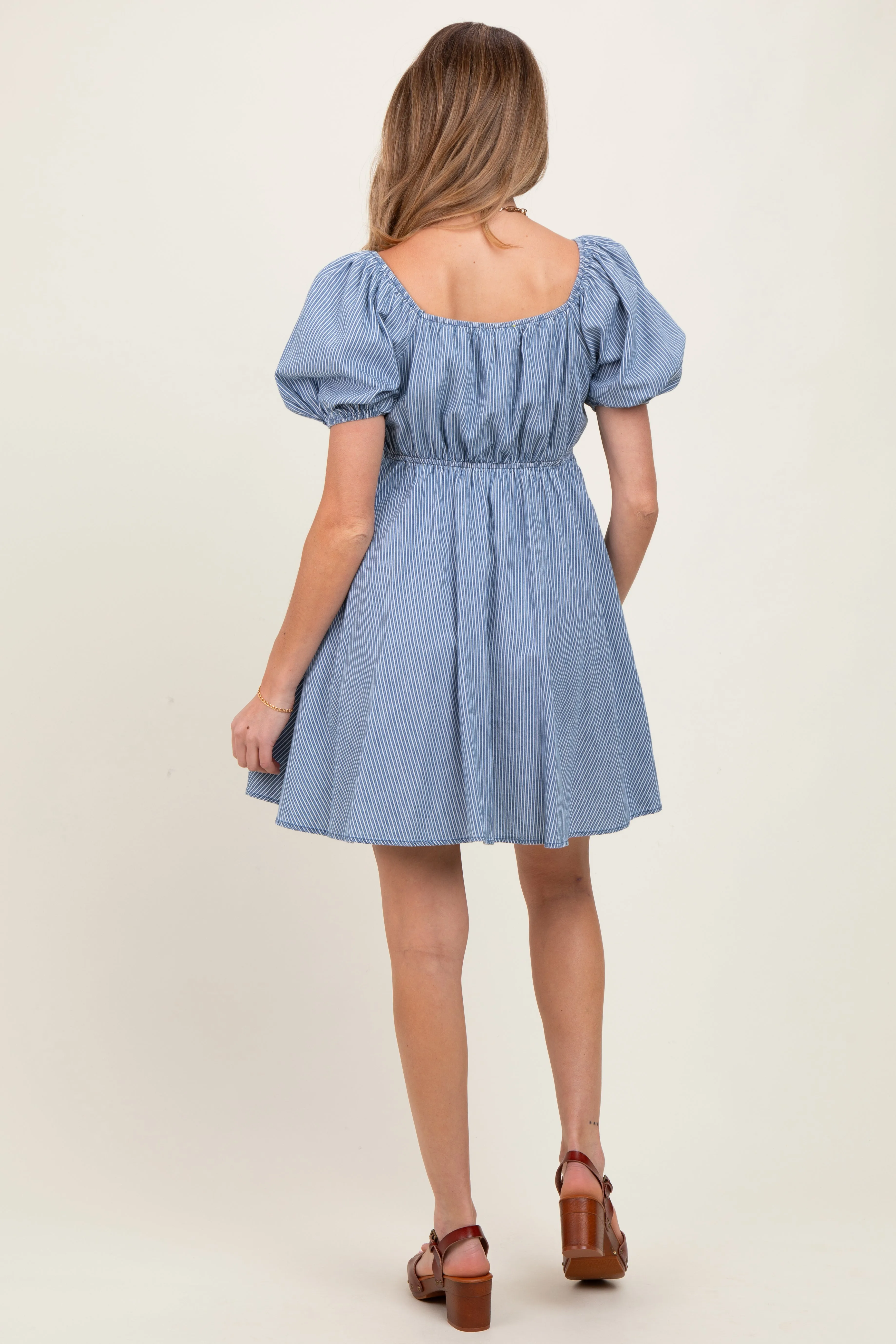 Blue Striped Chambray Front Tie Maternity Mini Dress sold by Pinkblush product image thumbnail 4