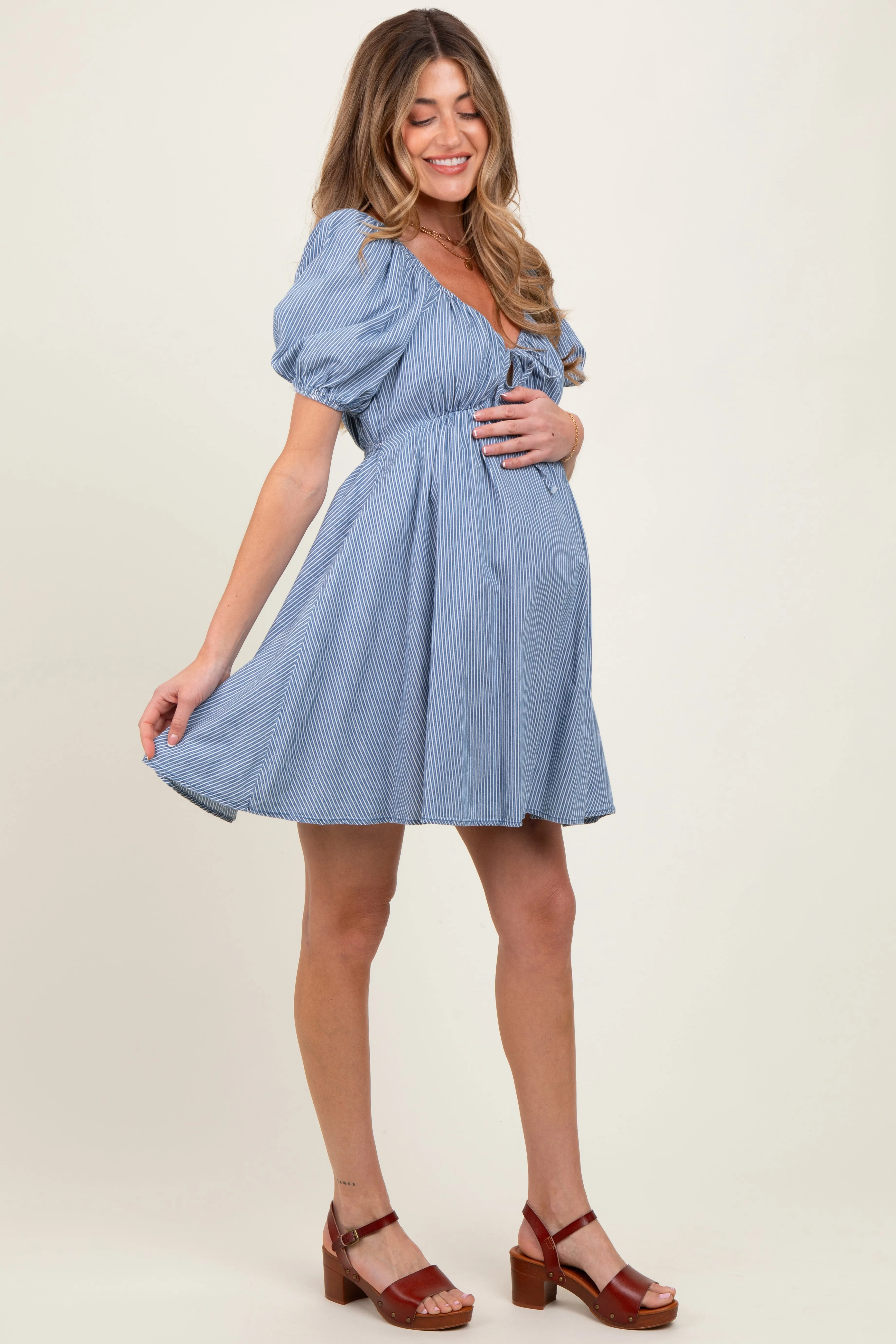 Blue Striped Chambray Front Tie Maternity Mini Dress sold by Pinkblush product image thumbnail 3