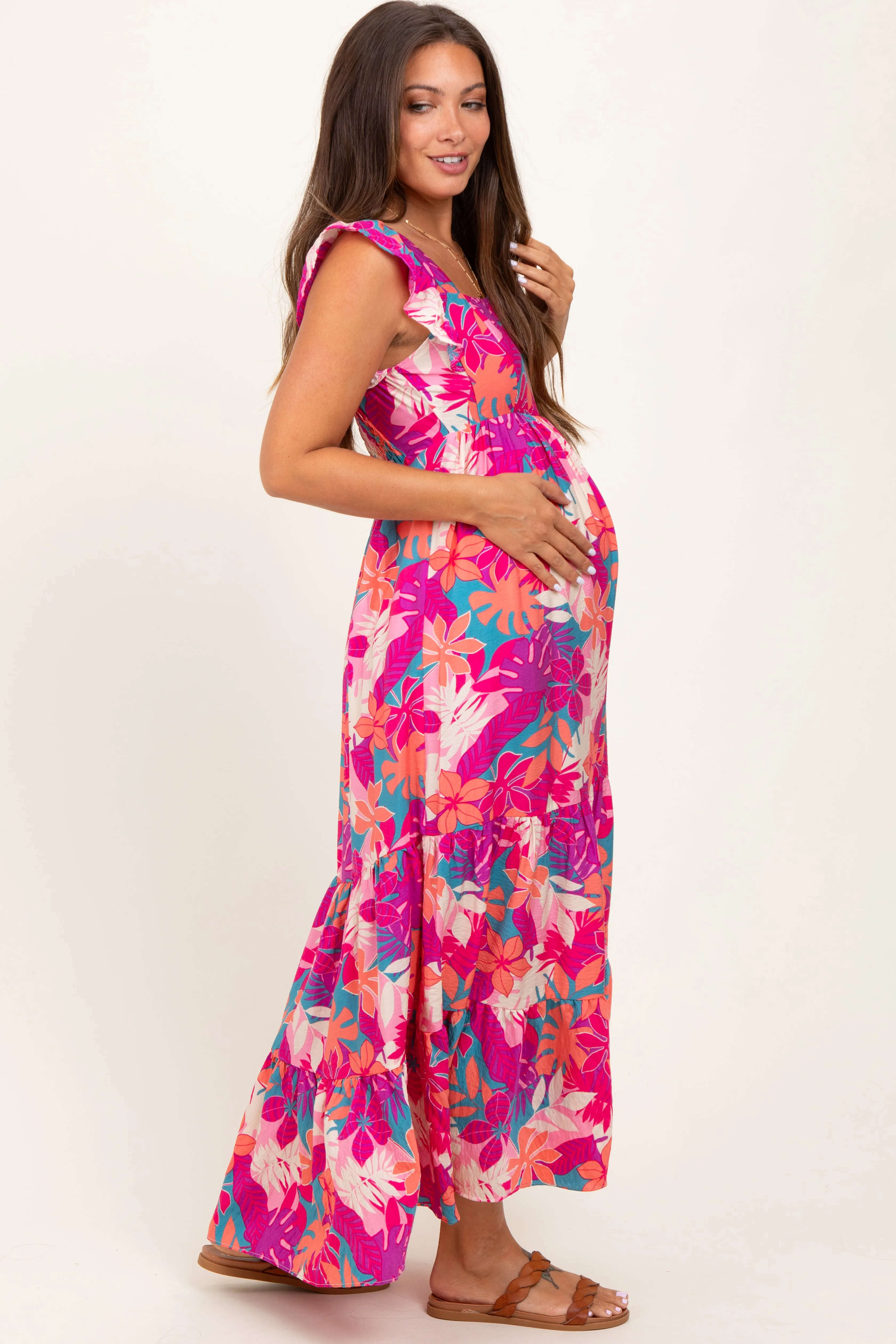 Magenta Tropical Floral Tiered Maternity Maxi Dress sold by Pinkblush product image thumbnail 3