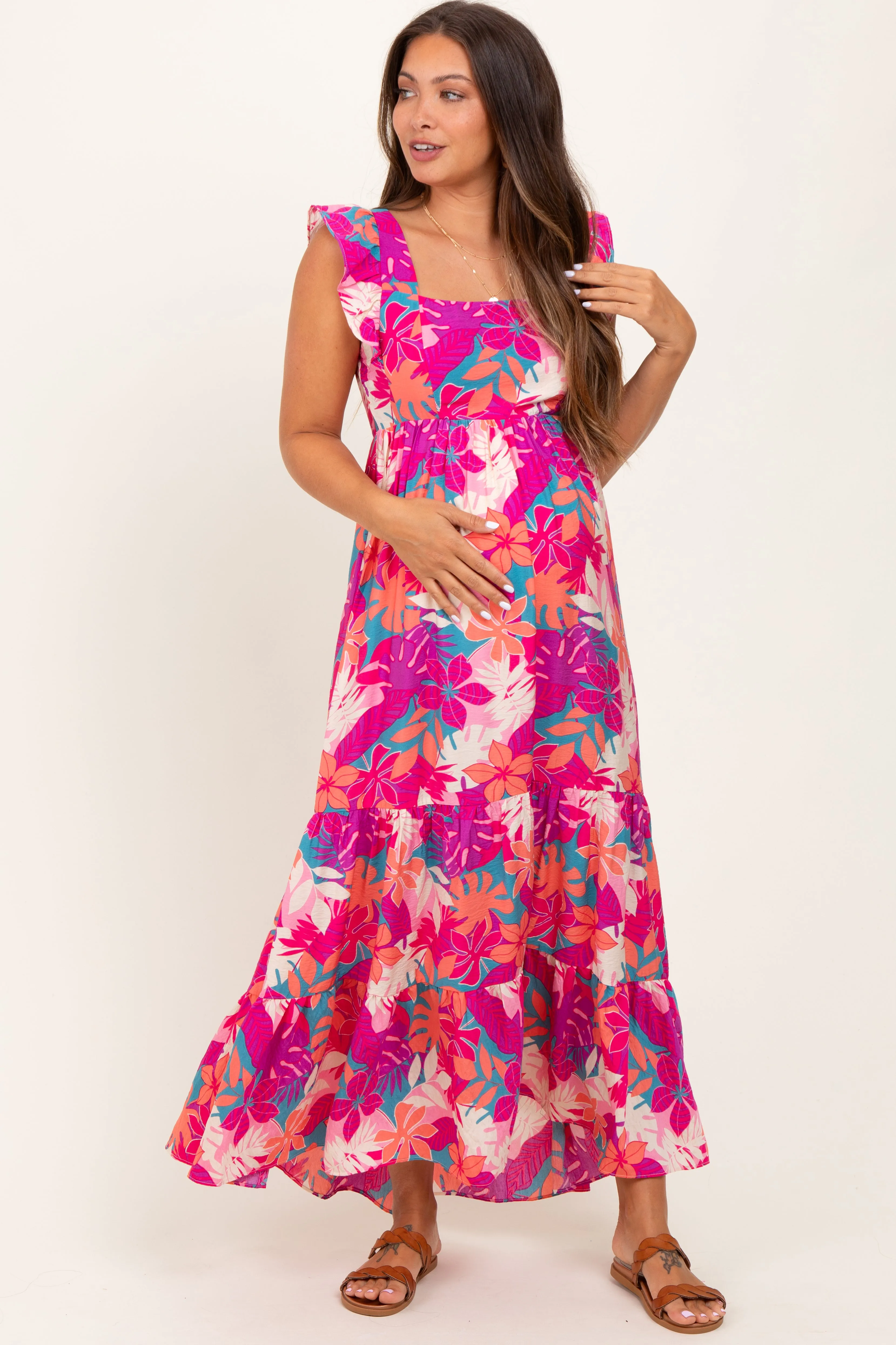 Magenta Tropical Floral Tiered Maternity Maxi Dress sold by Pinkblush