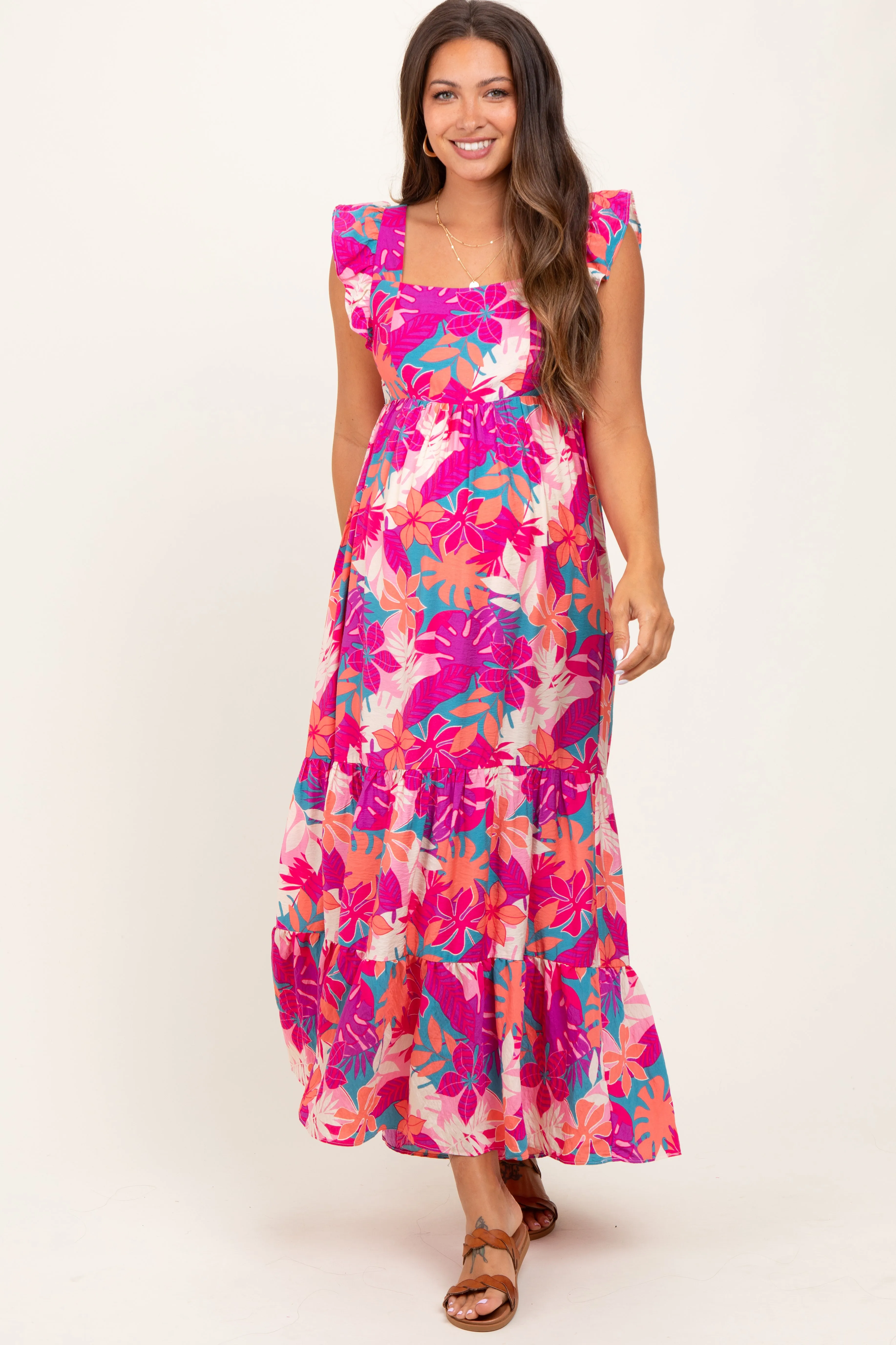 Magenta Tropical Floral Tiered Maternity Maxi Dress sold by Pinkblush product image thumbnail 2
