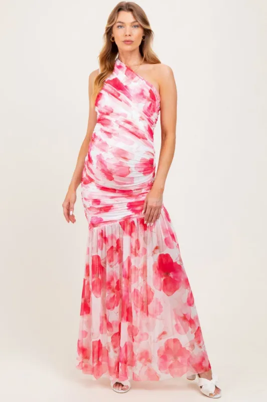 Fuchsia Floral Ruched Mesh One Shoulder Maternity Maxi Dress sold by Pinkblush