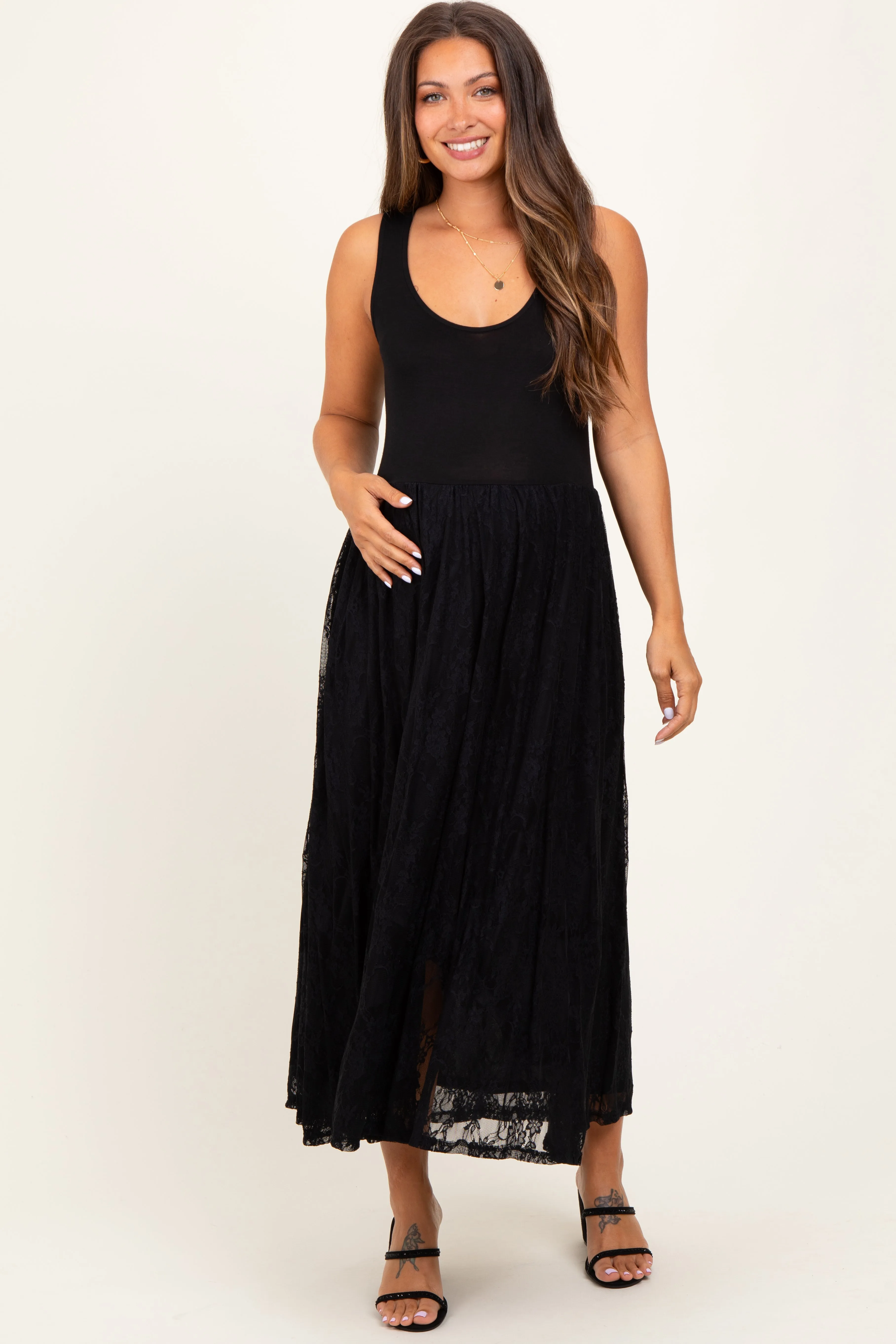 Black Solid Tank Top Lace Skirt Maternity Midi Dress sold by Pinkblush