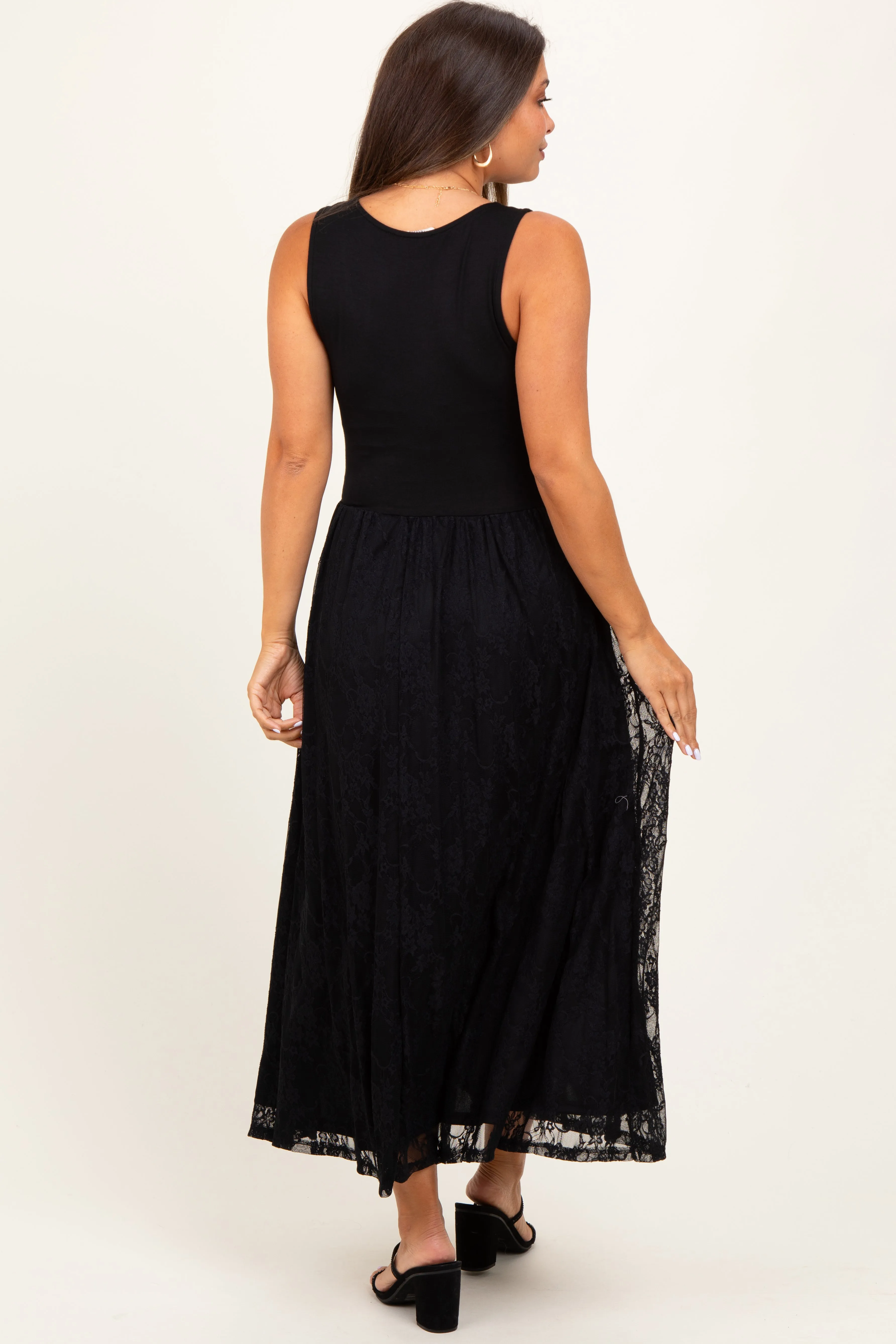Black Solid Tank Top Lace Skirt Maternity Midi Dress sold by Pinkblush product image thumbnail 2