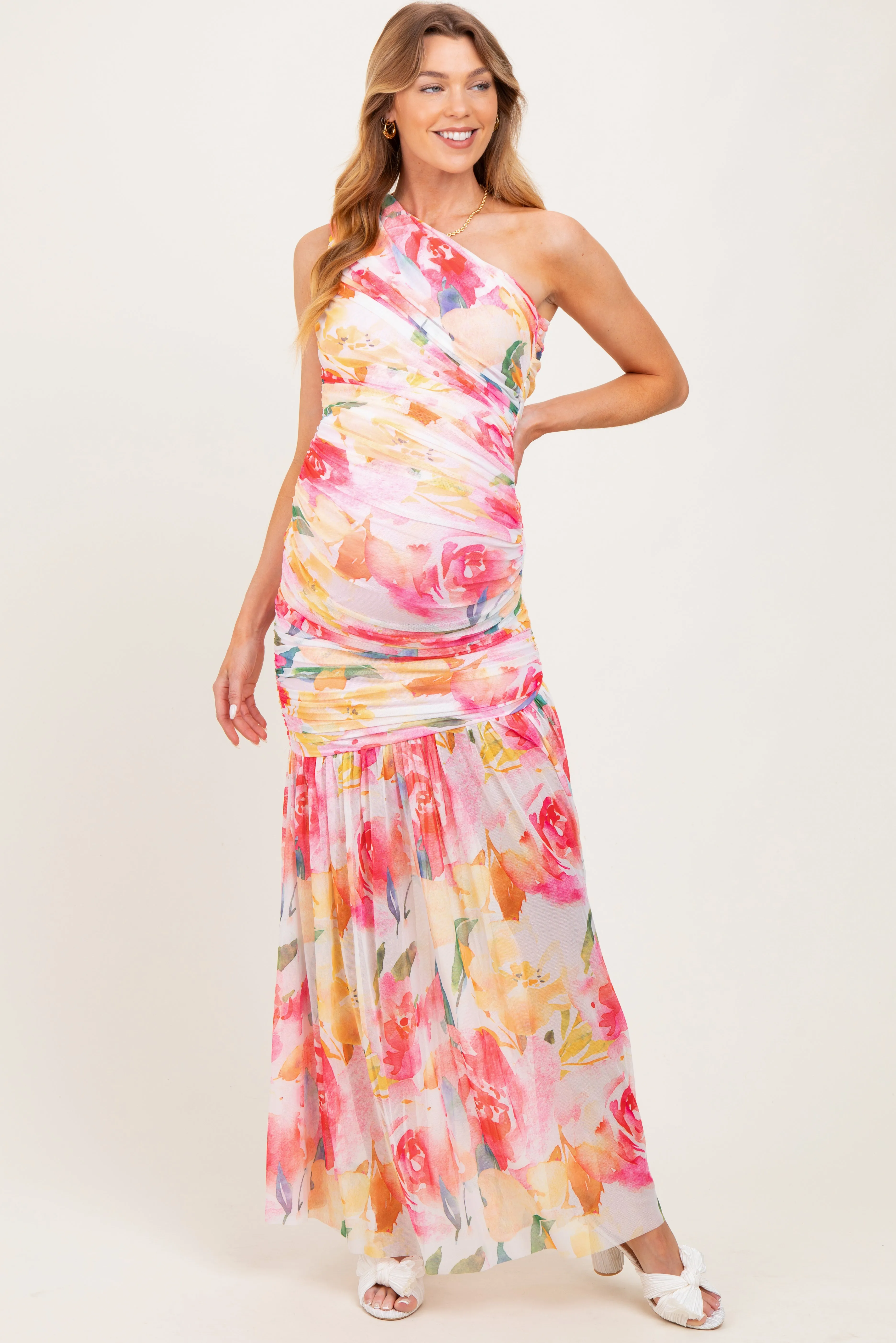Pink Floral Ruched Mesh One Shoulder Maternity Maxi Dress sold by Pinkblush product image thumbnail 2