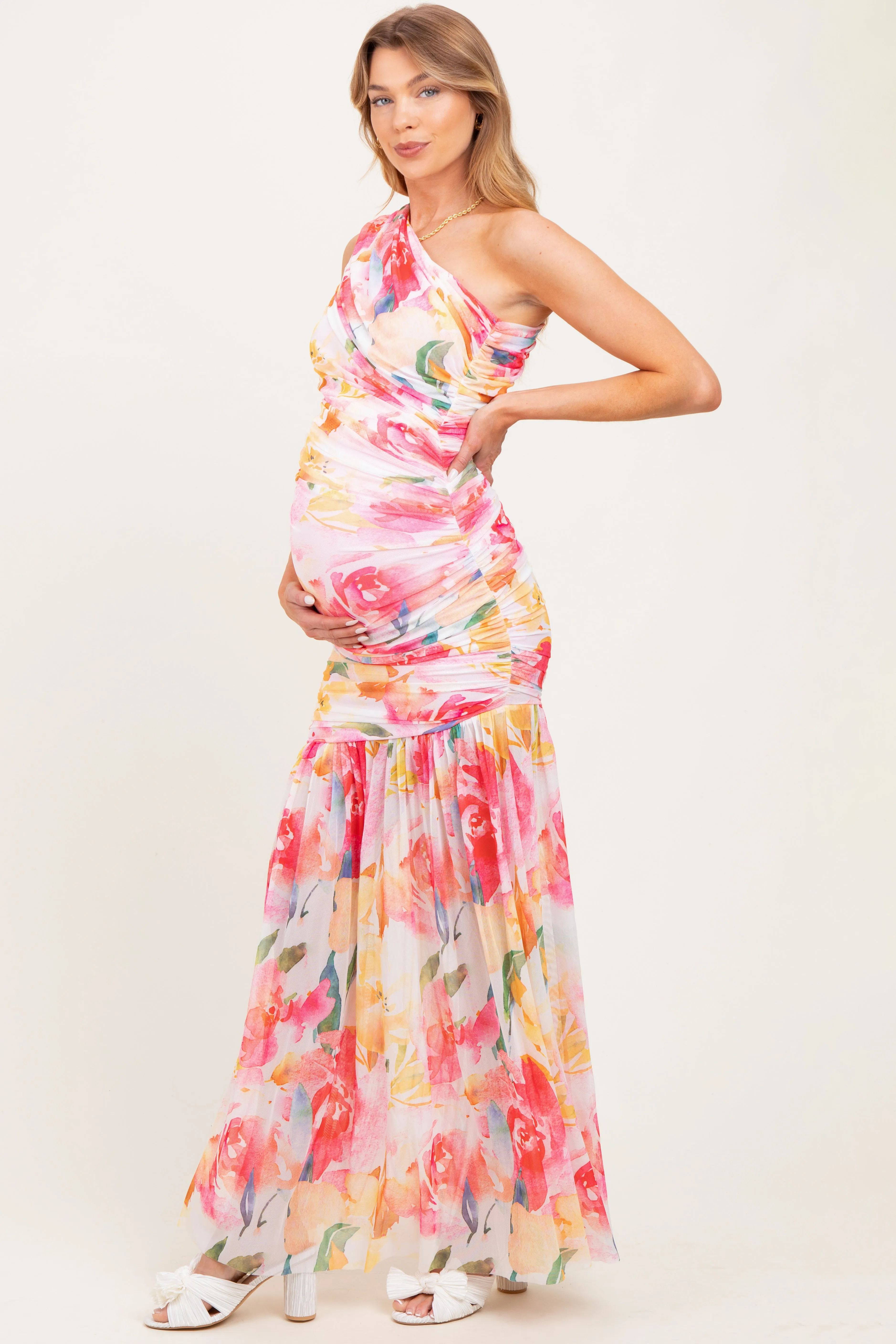Pink Floral Ruched Mesh One Shoulder Maternity Maxi Dress sold by Pinkblush product image thumbnail 3