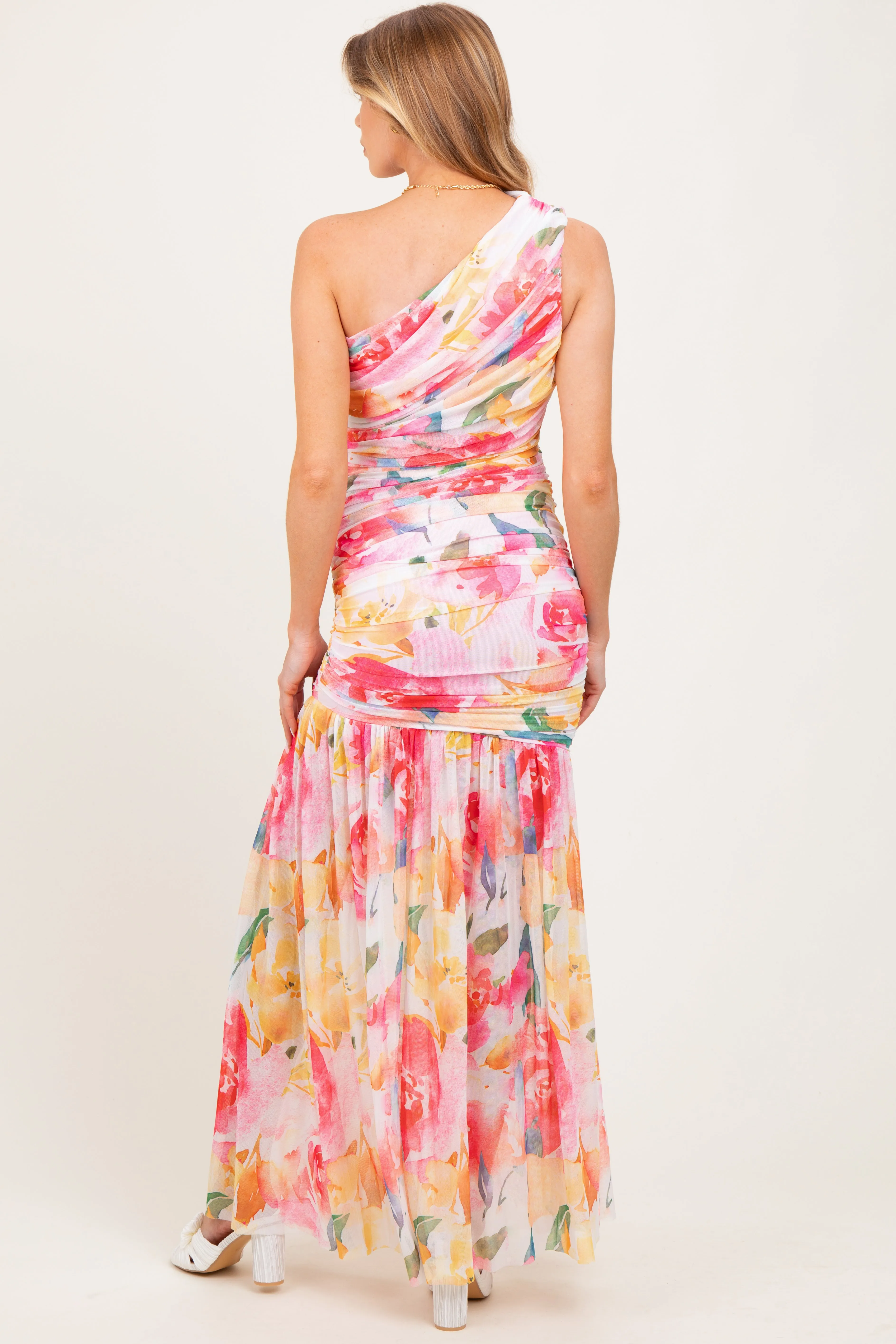 Pink Floral Ruched Mesh One Shoulder Maternity Maxi Dress sold by Pinkblush product image thumbnail 4
