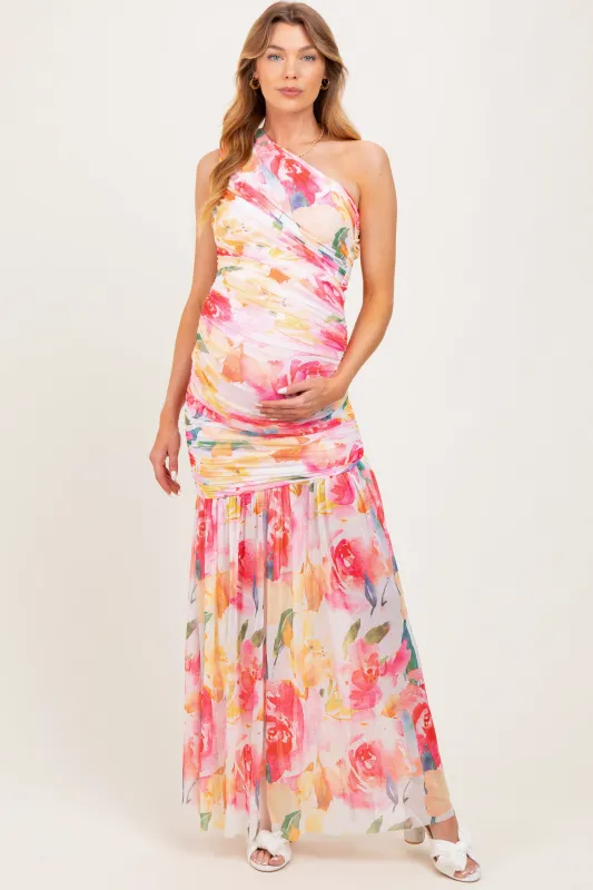 Pink Floral Ruched Mesh One Shoulder Maternity Maxi Dress sold by Pinkblush