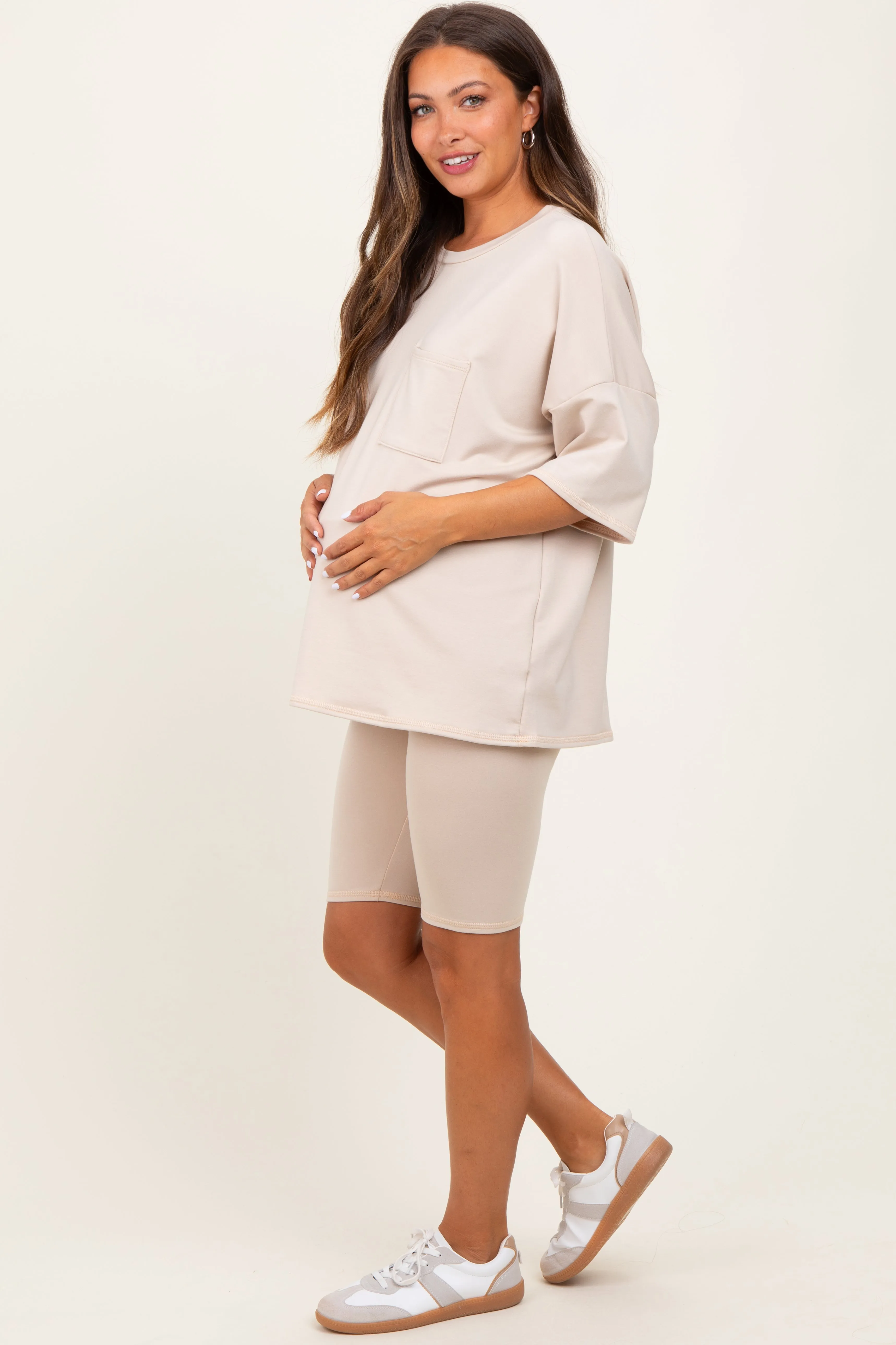 Beige Oversized Short Sleeve Biker Short Maternity Set sold by Pinkblush product image thumbnail 3