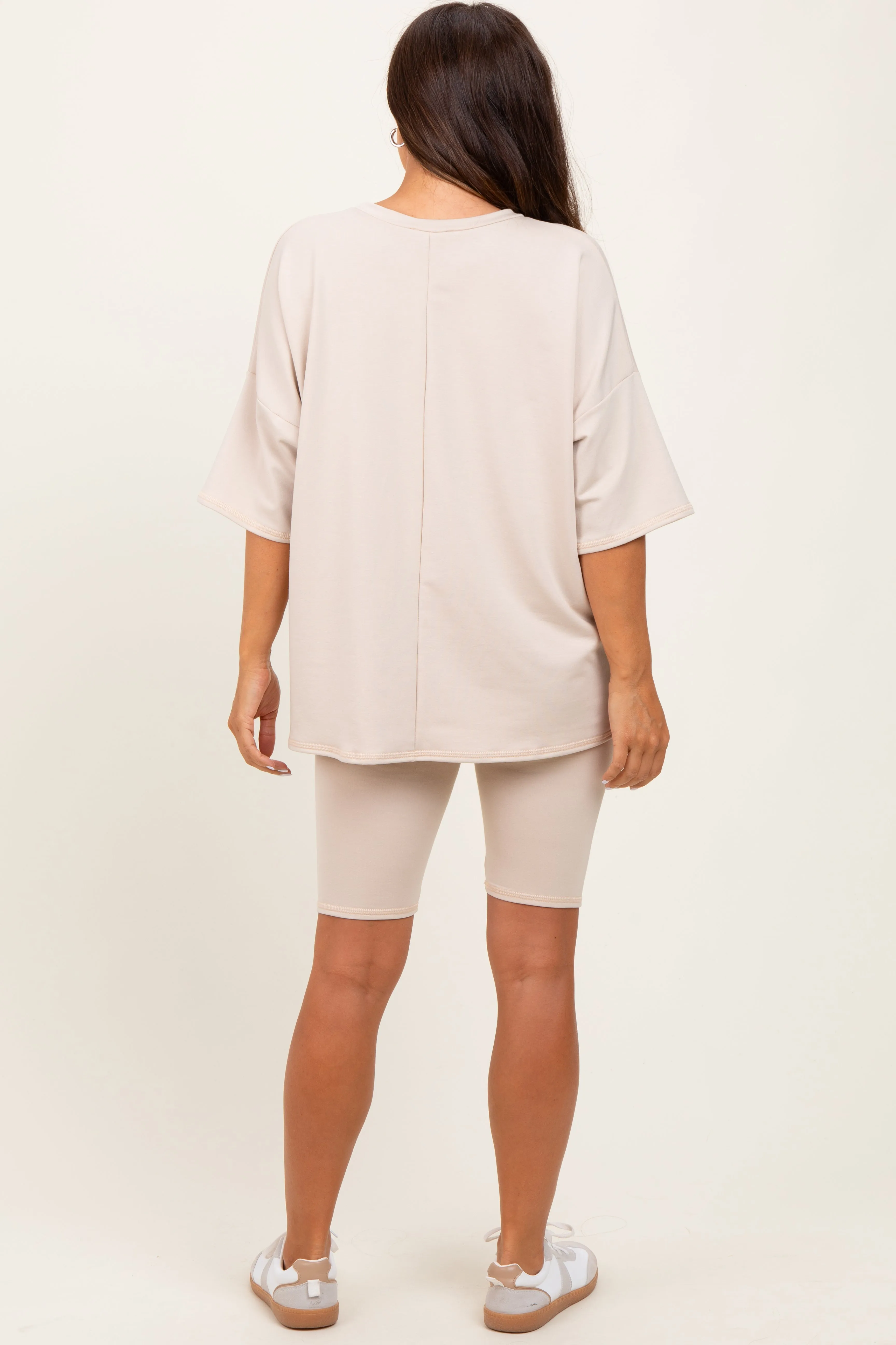 Beige Oversized Short Sleeve Biker Short Maternity Set sold by Pinkblush product image thumbnail 4