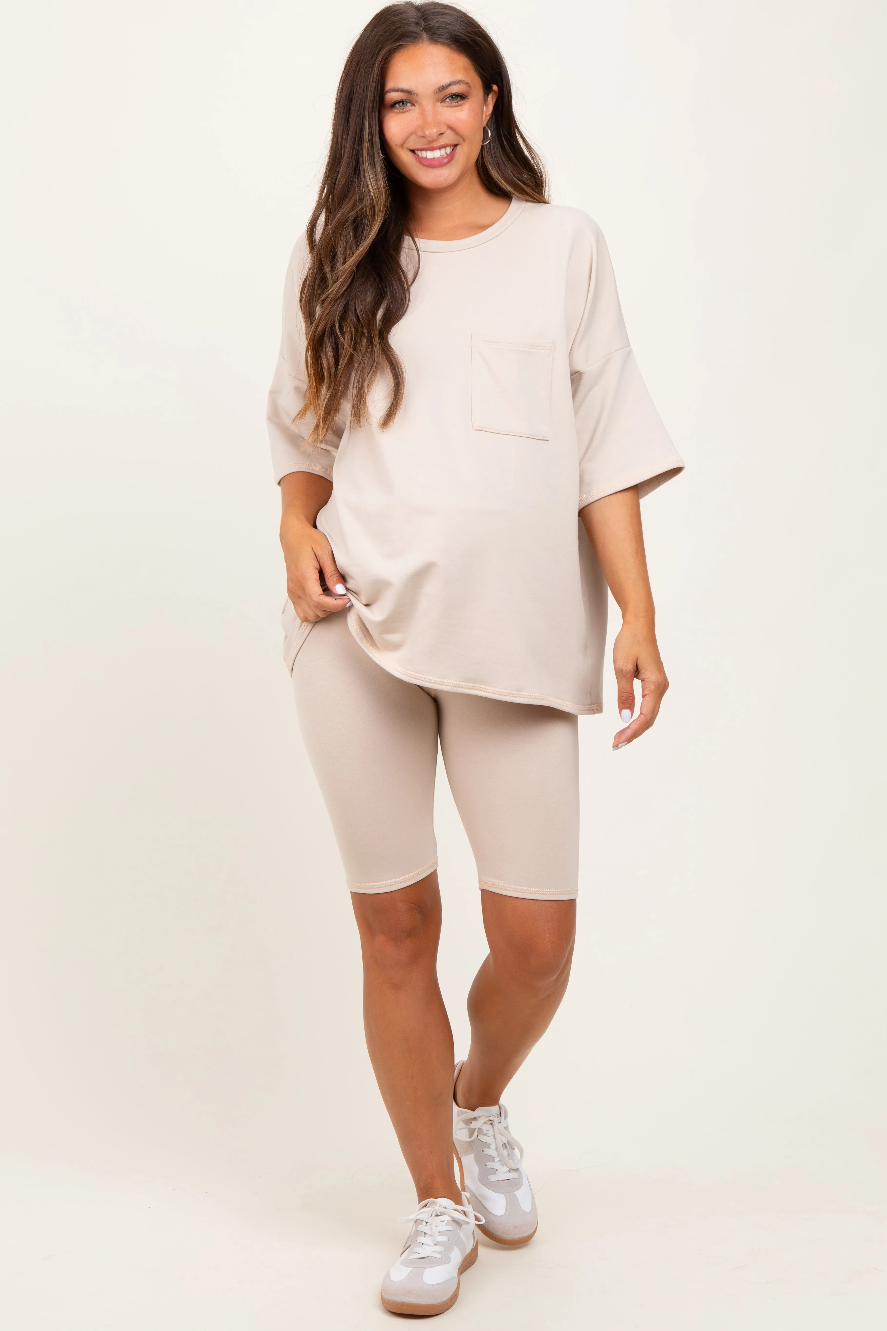 Beige Oversized Short Sleeve Biker Short Maternity Set sold by Pinkblush