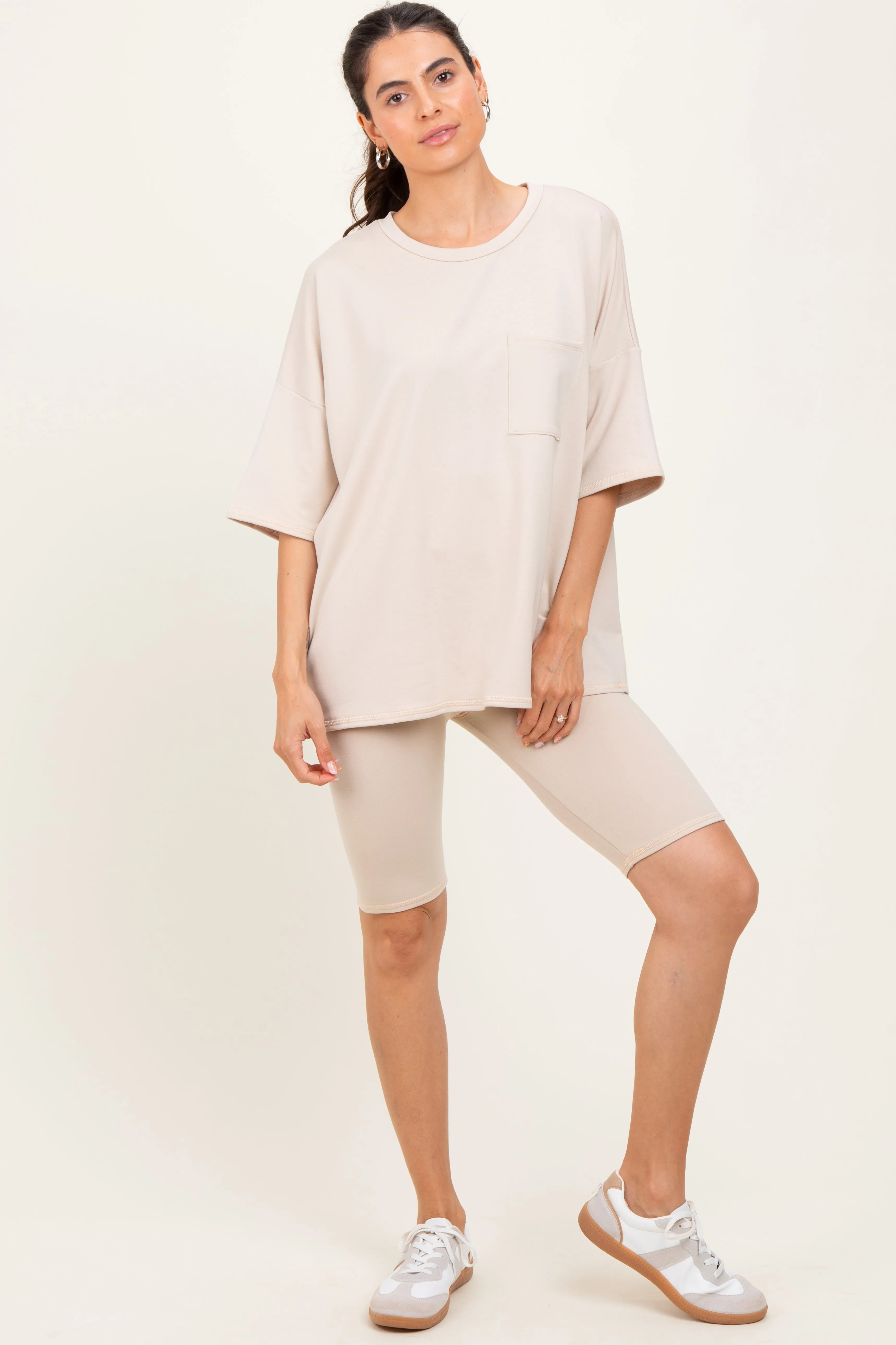 Beige Oversized Short Sleeve Biker Short Maternity Set sold by Pinkblush product image thumbnail 5