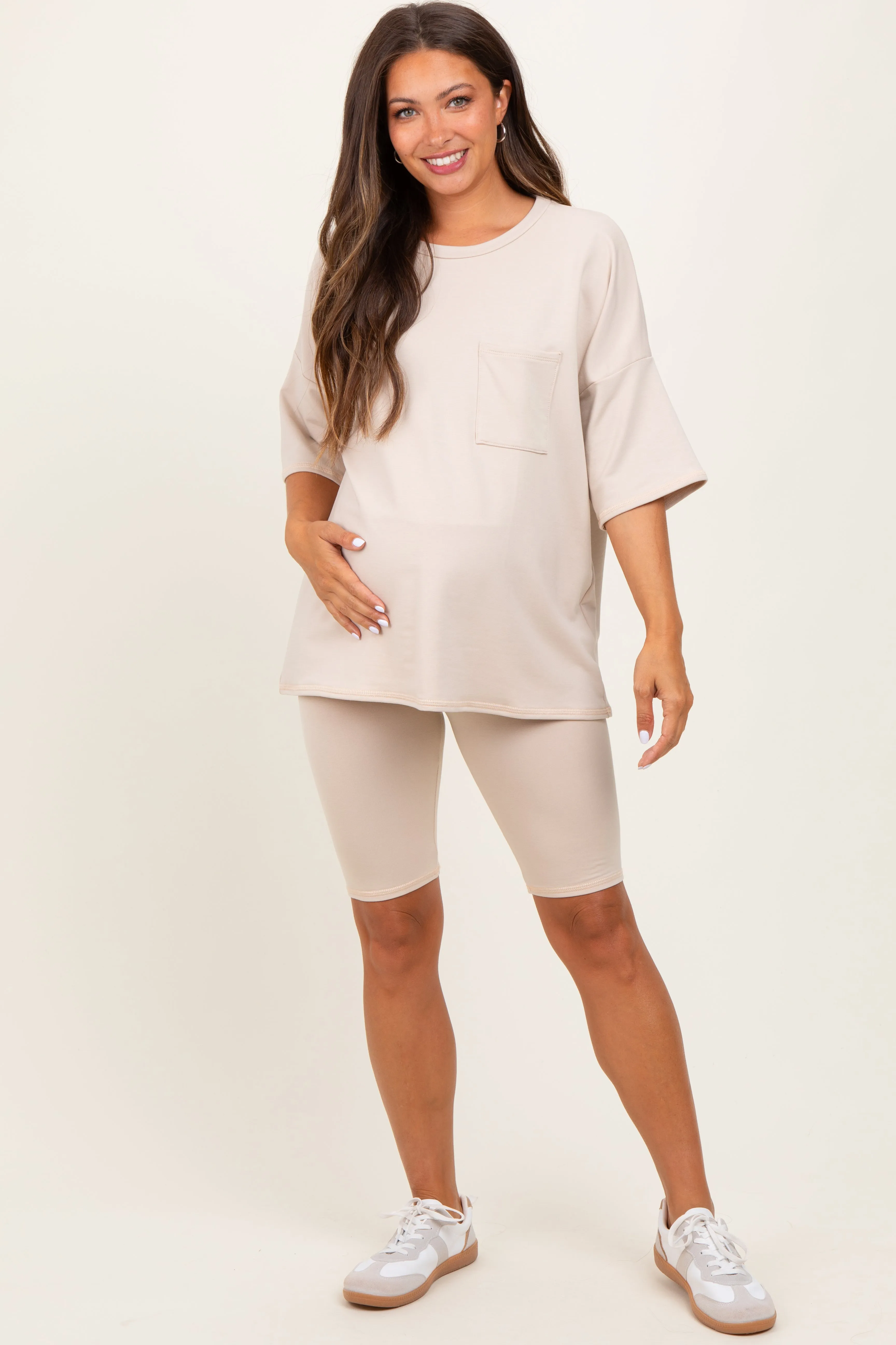 Beige Oversized Short Sleeve Biker Short Maternity Set sold by Pinkblush product image thumbnail 2