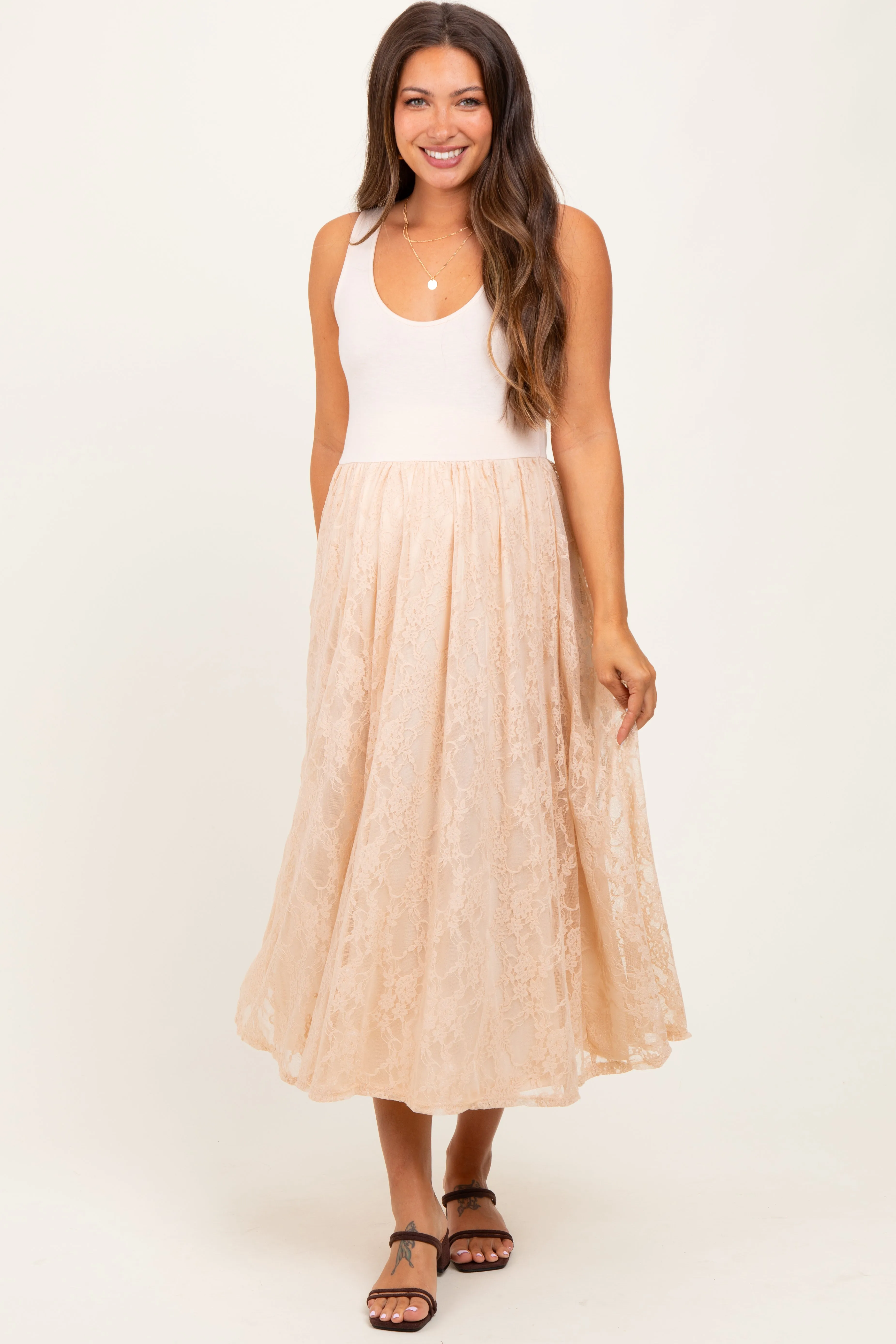 Beige Solid Tank Top Lace Skirt Maternity Midi Dress sold by Pinkblush