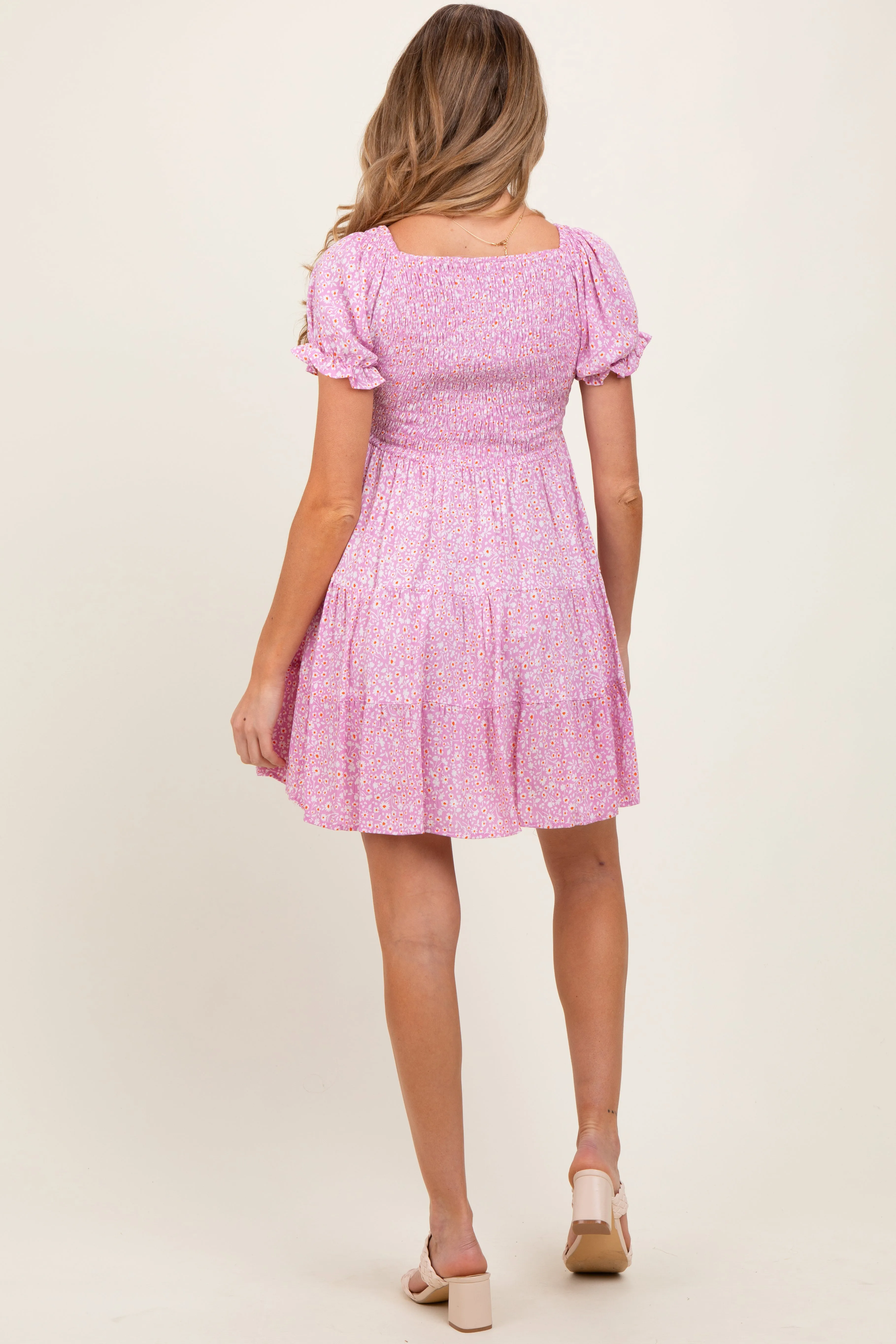 Light Pink Floral Smocked V-Neck Flutter Sleeve Maternity Dress sold by Pinkblush product image thumbnail 3