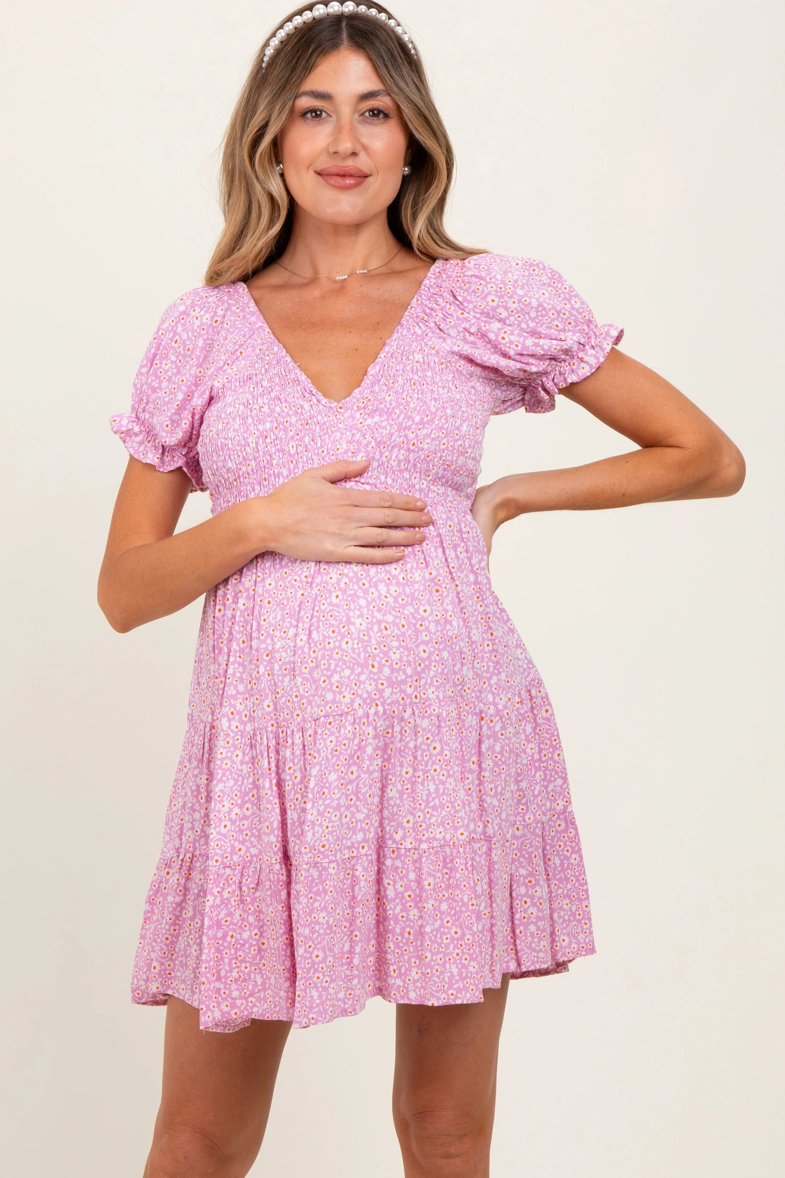 Light Pink Floral Smocked V-Neck Flutter Sleeve Maternity Dress sold by Pinkblush