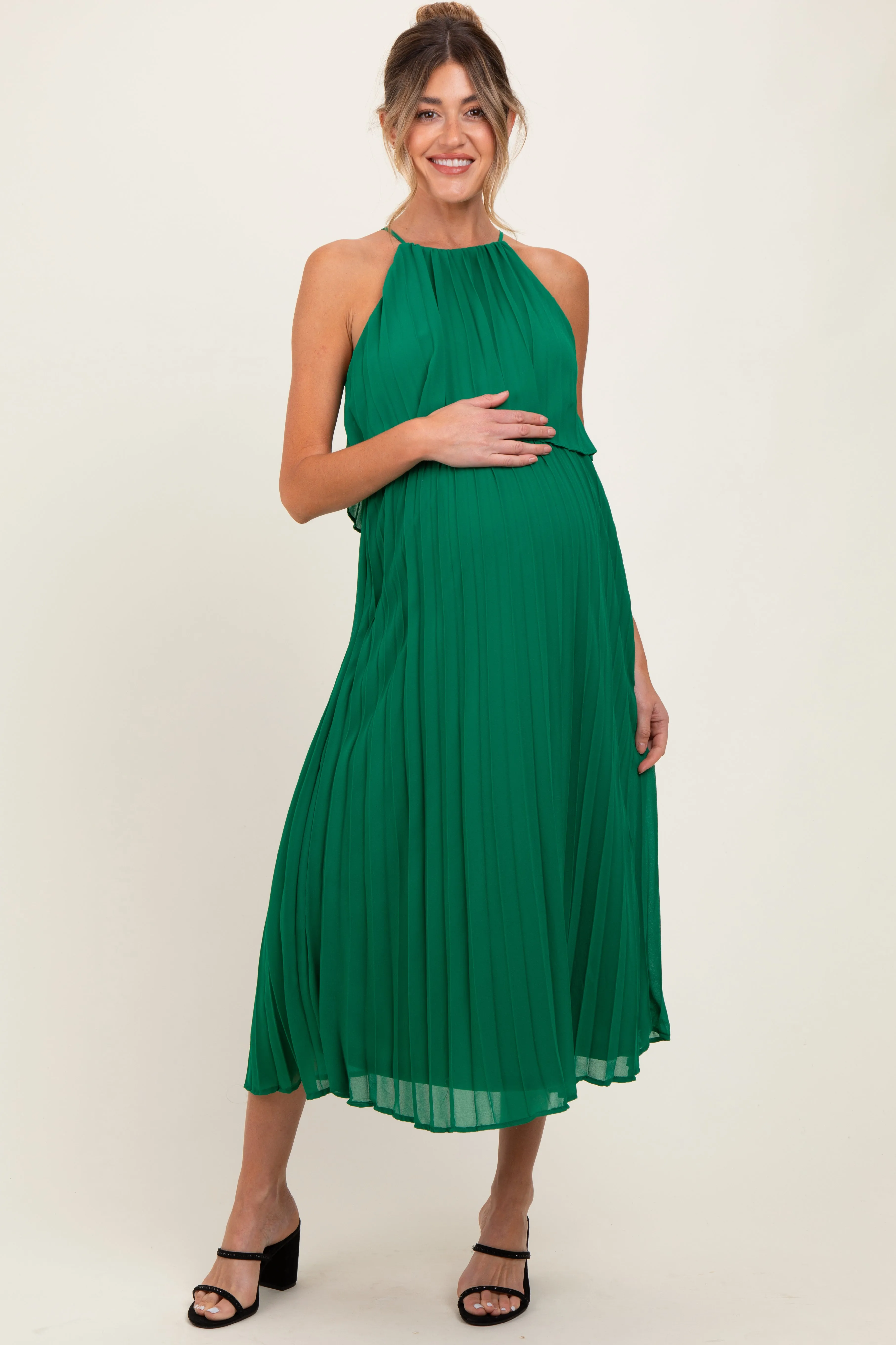 Green Pleated Woven Maternity Midi Dress sold by Pinkblush product image thumbnail 2