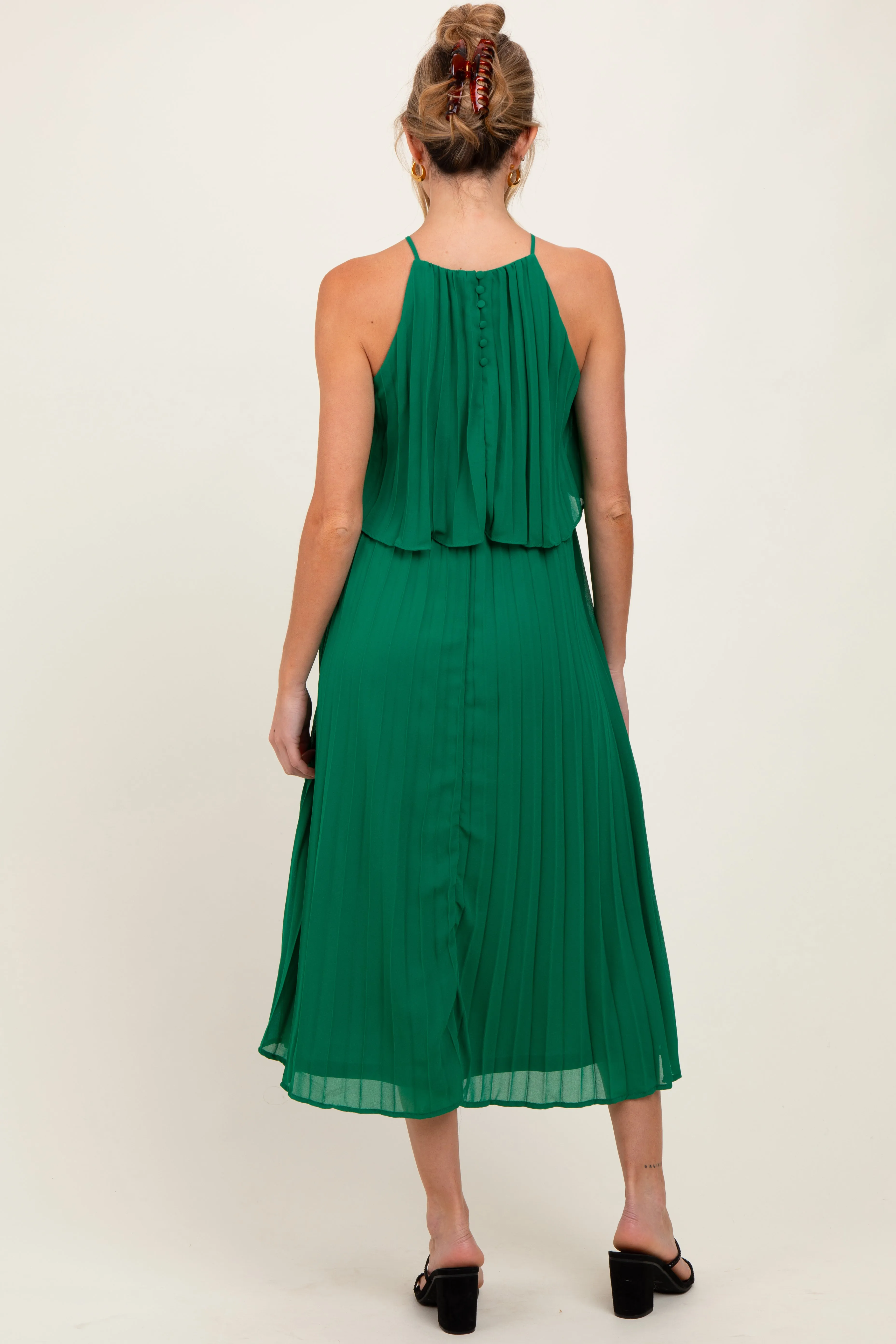 Green Pleated Woven Maternity Midi Dress sold by Pinkblush product image thumbnail 3