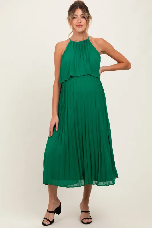 Green Pleated Woven Maternity Midi Dress sold by Pinkblush
