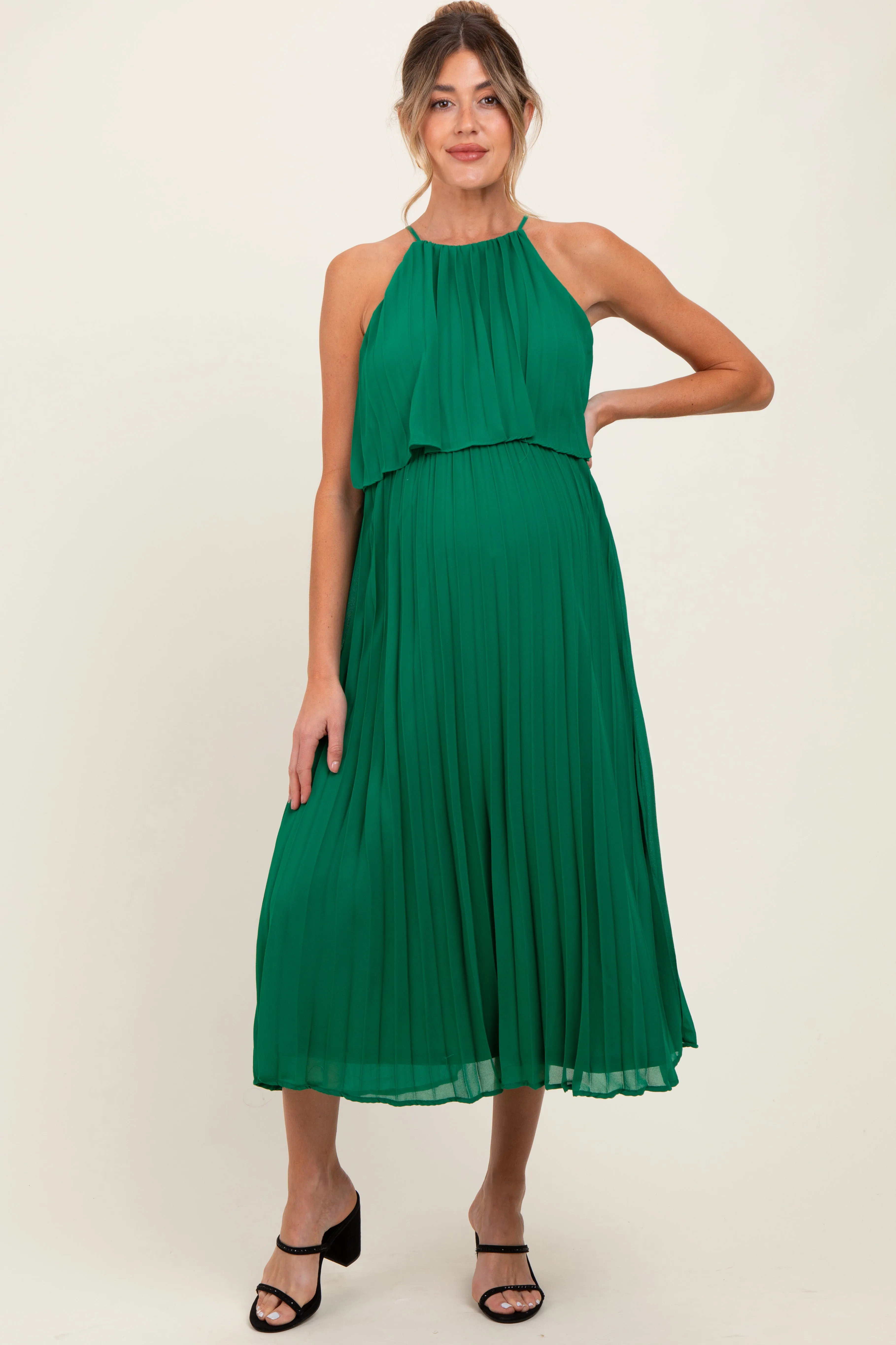 Green Pleated Woven Maternity Midi Dress sold by Pinkblush