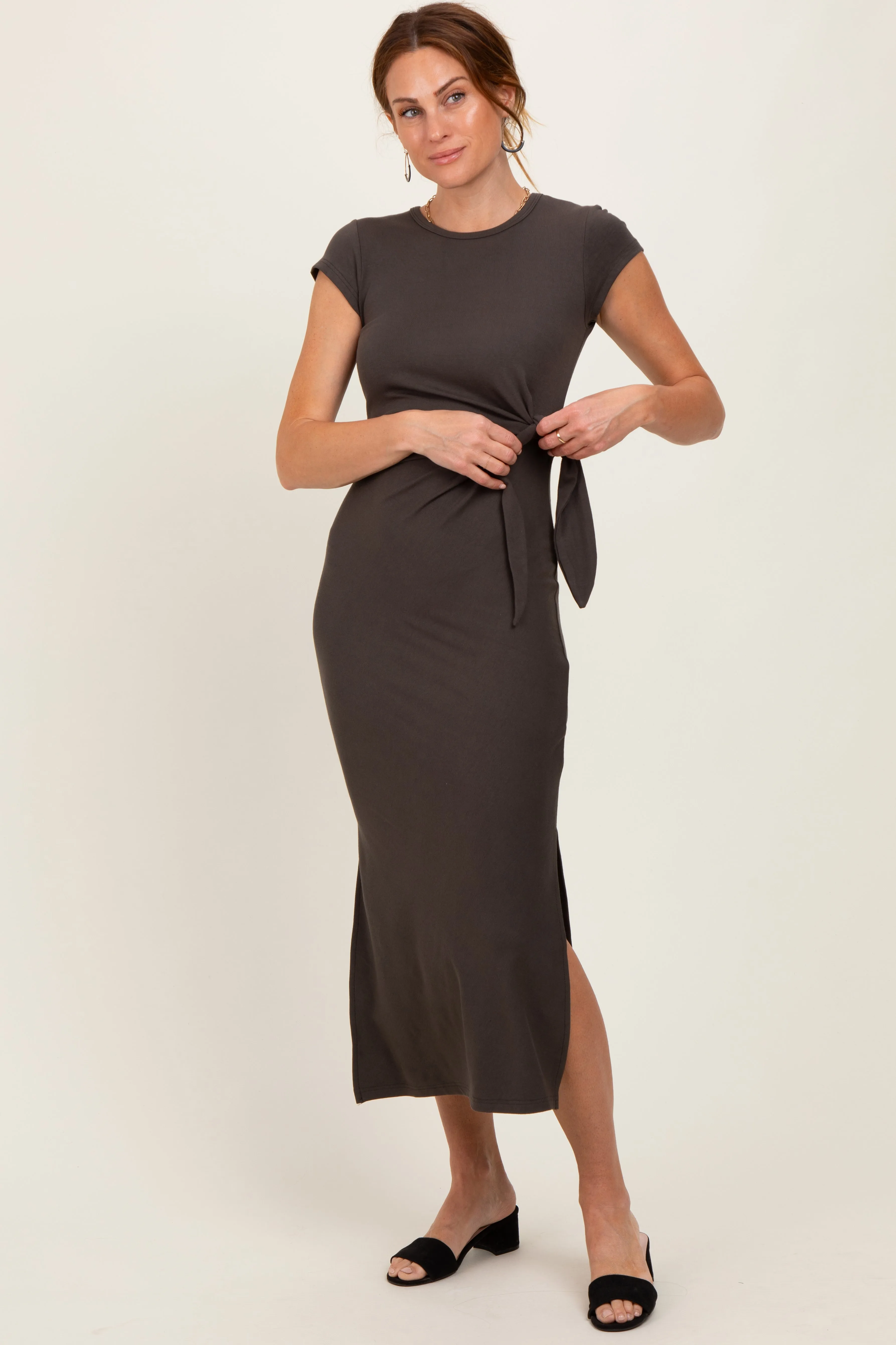 Brown Side Knot Tie Short Sleeve Midi Dress sold by Pinkblush product image thumbnail 2