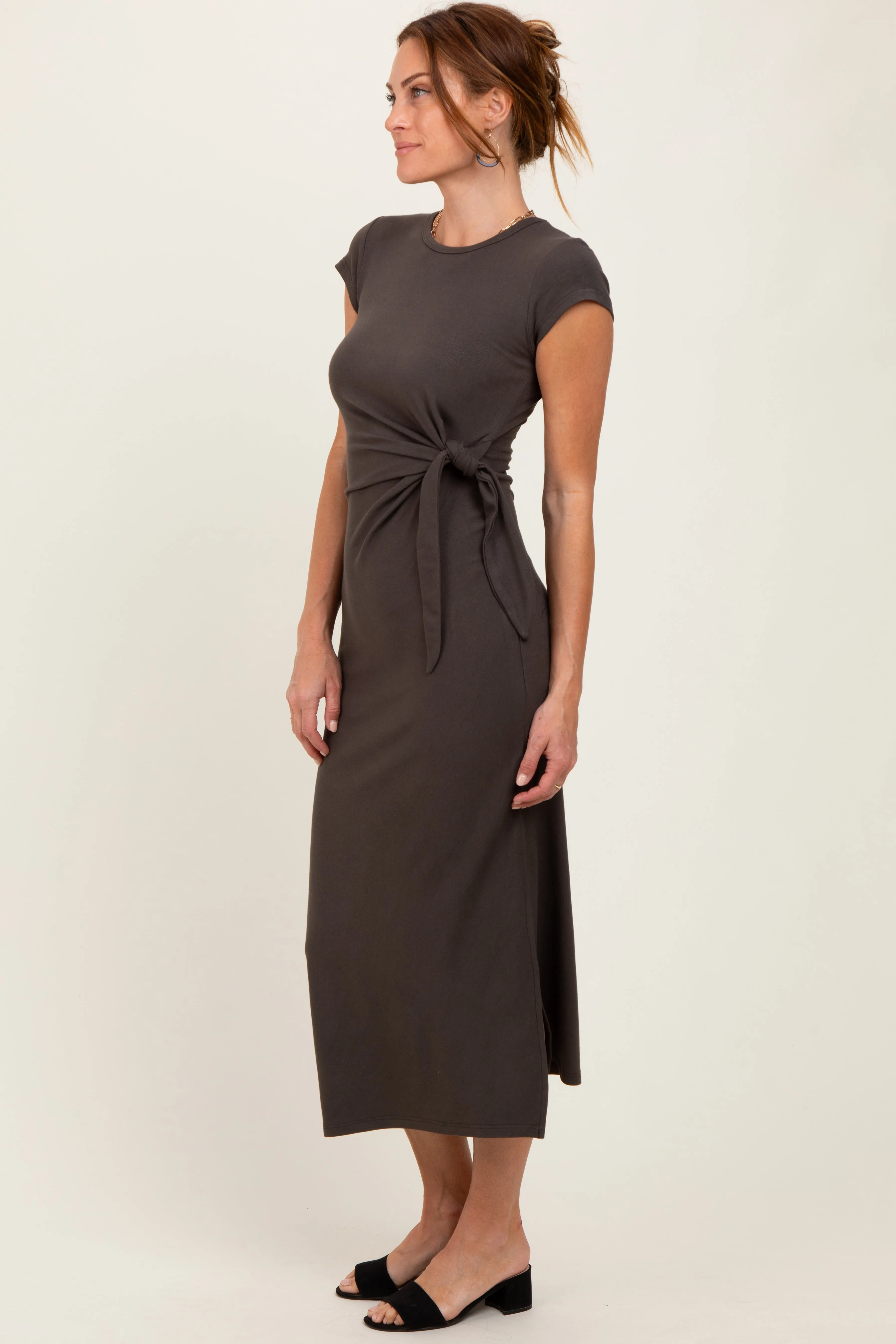 Brown Side Knot Tie Short Sleeve Midi Dress sold by Pinkblush product image thumbnail 3