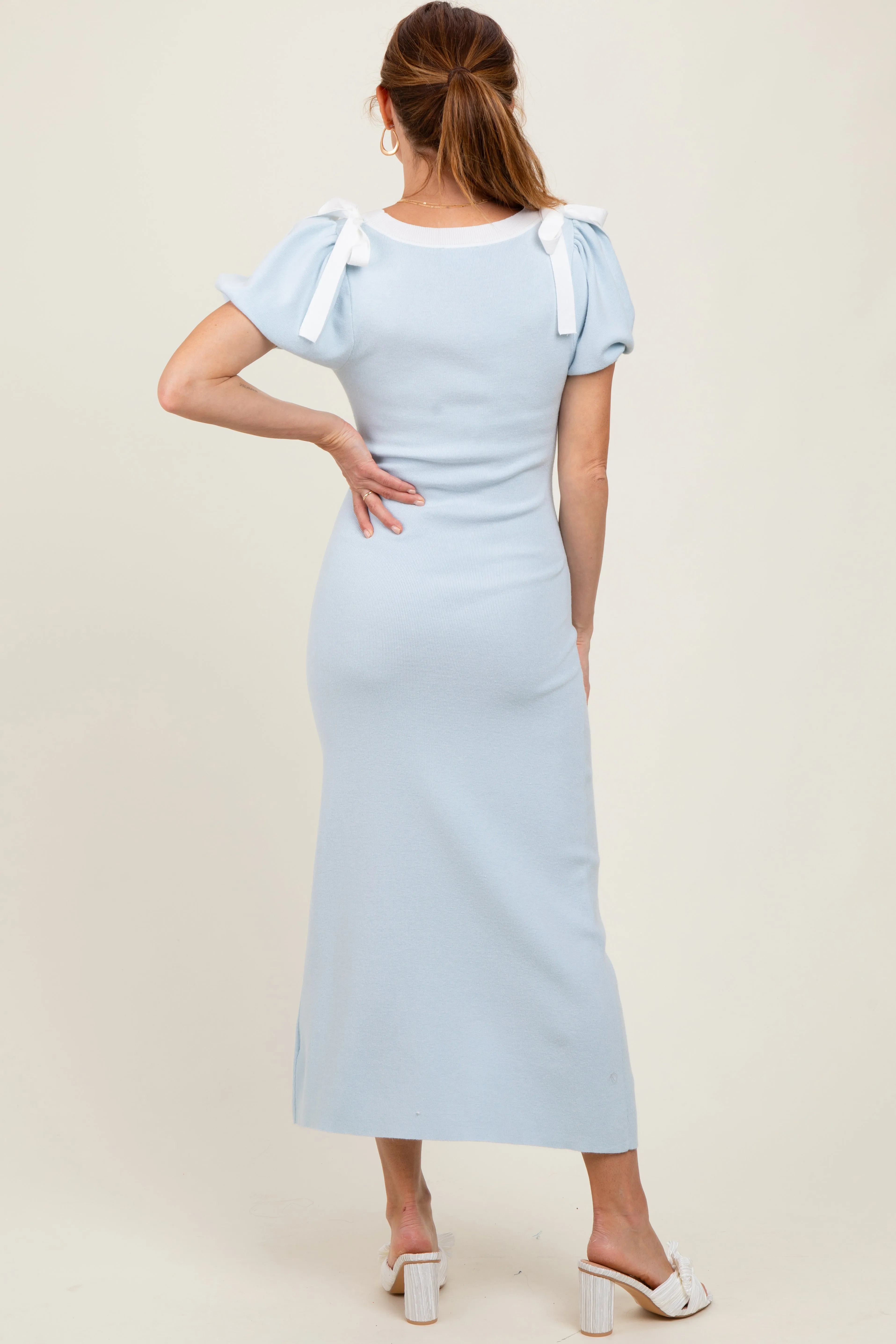 Light Blue Shoulder Bow Puff Sleeve Sweater Dress sold by Pinkblush product image thumbnail 4