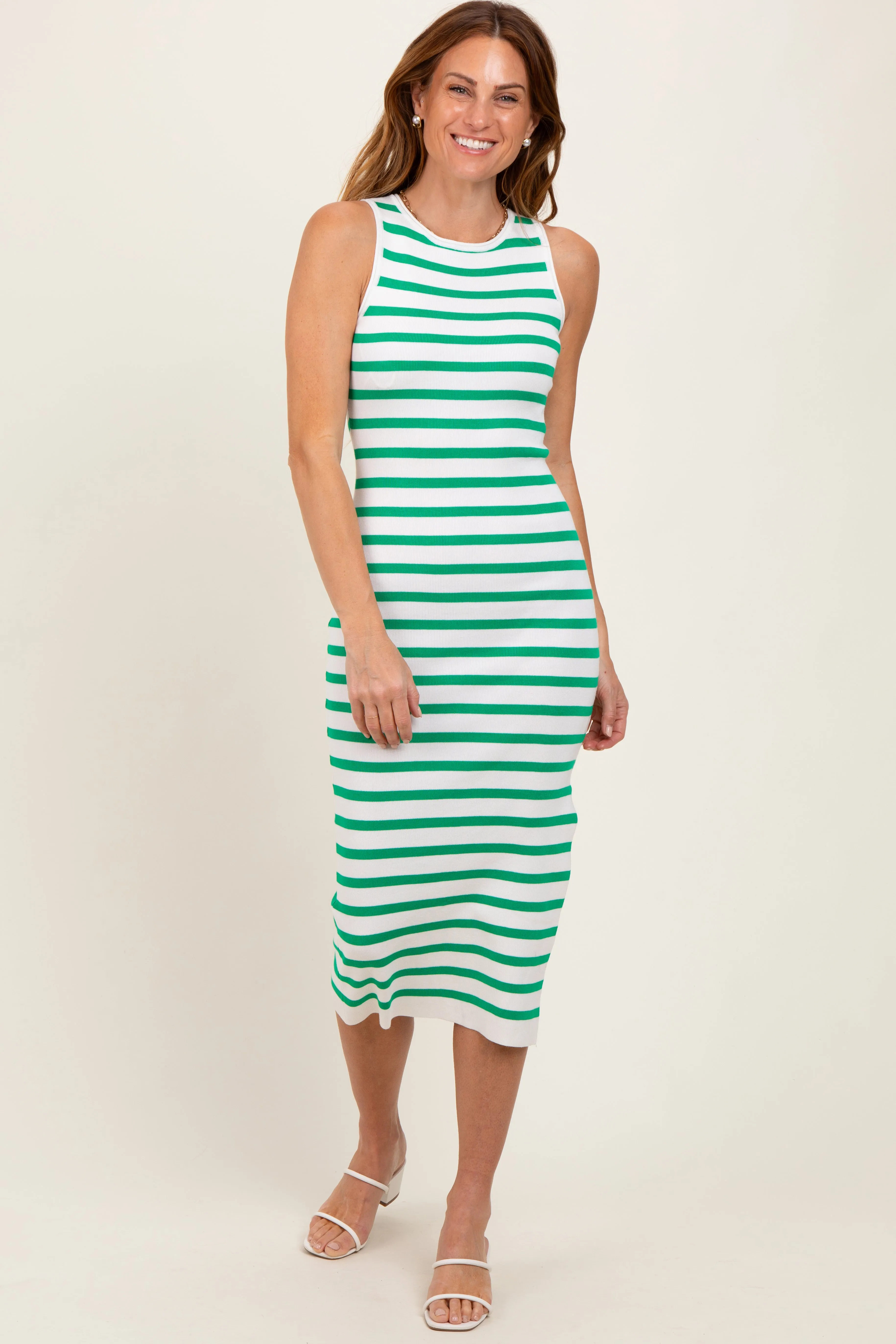 Green Striped Knit Sleeveless Side Slit Midi Dress sold by Pinkblush