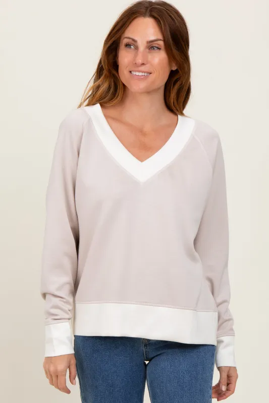 Beige Colorblock V-Neck Pullover Top sold by Pinkblush