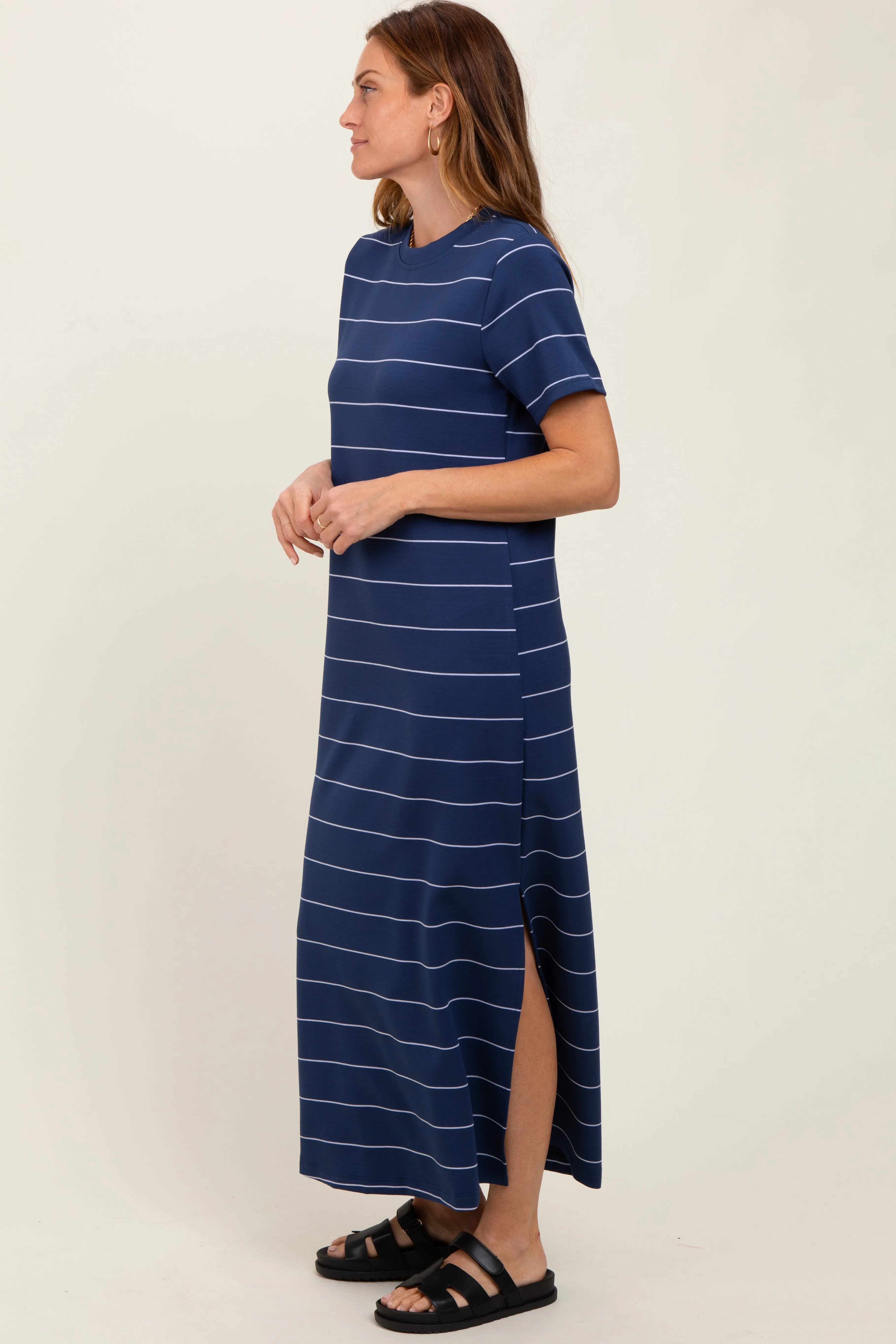 Navy Striped Short Sleeve Side Slit Midi Dress sold by Pinkblush product image thumbnail 3