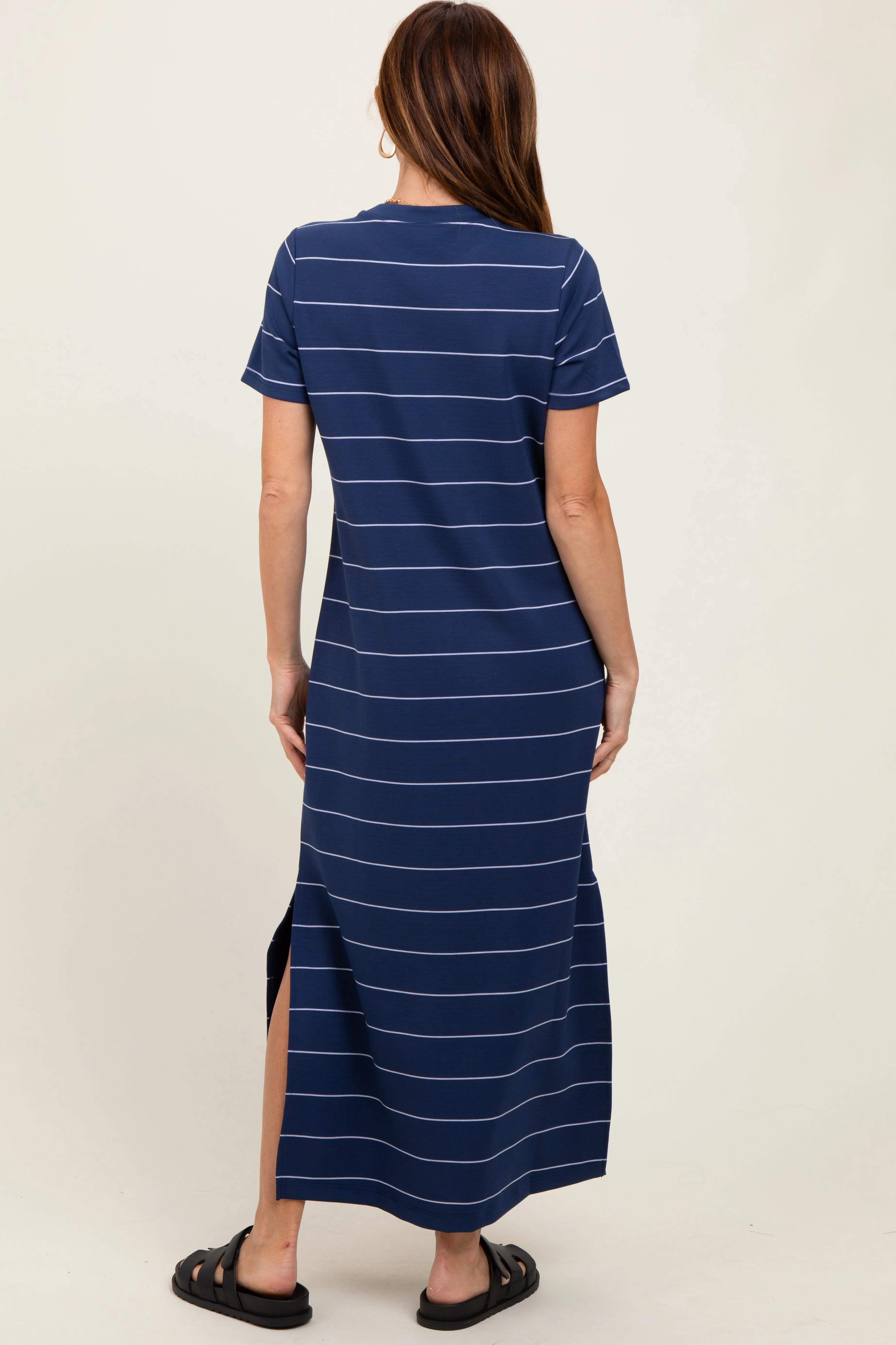 Navy Striped Short Sleeve Side Slit Midi Dress sold by Pinkblush product image thumbnail 4